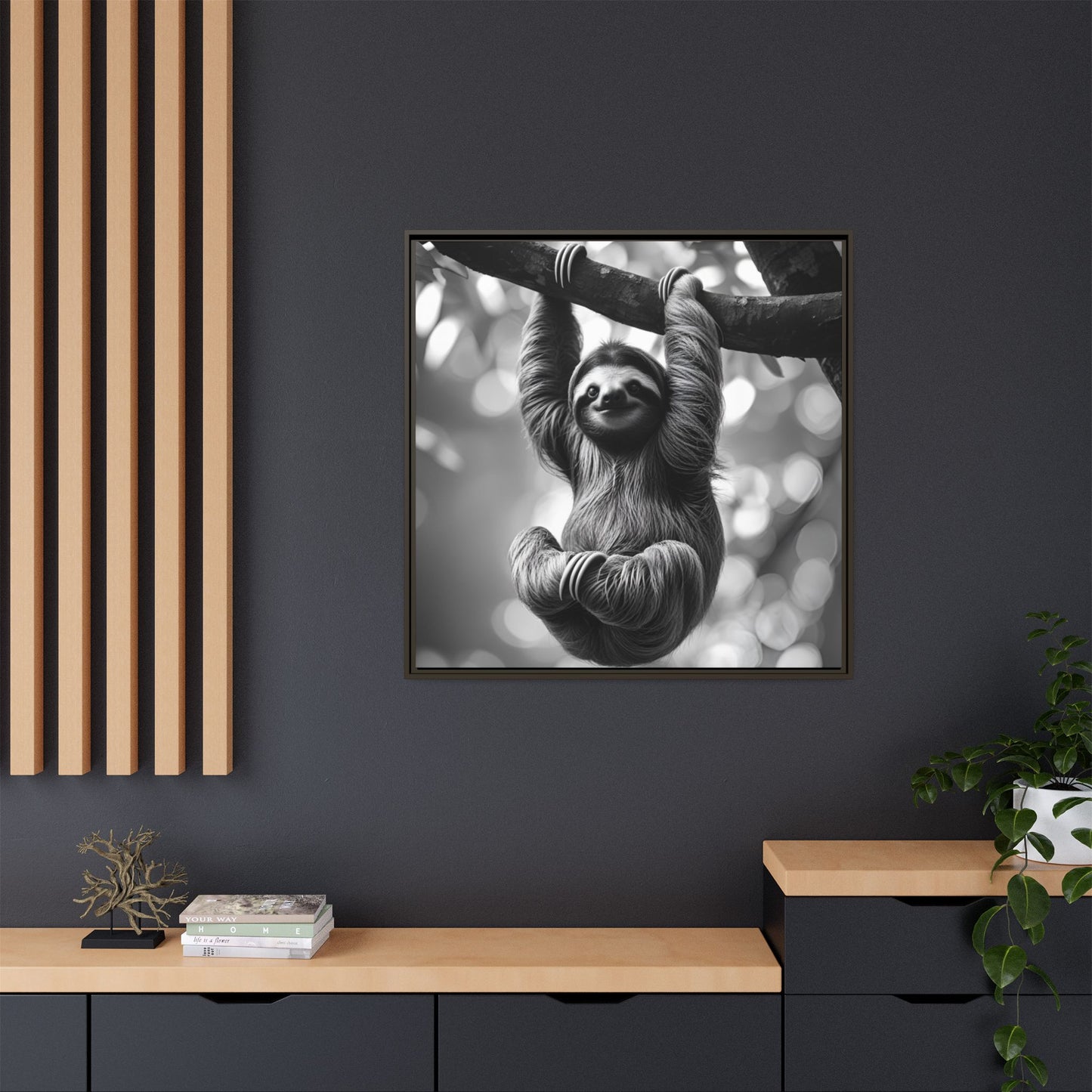 Black and White Sloth Framed Canvas Wall Art, Minimalist Animal Print, Modern Jungle Wildlife Home Decor, Sloth Lover Gift, Monochrome Image