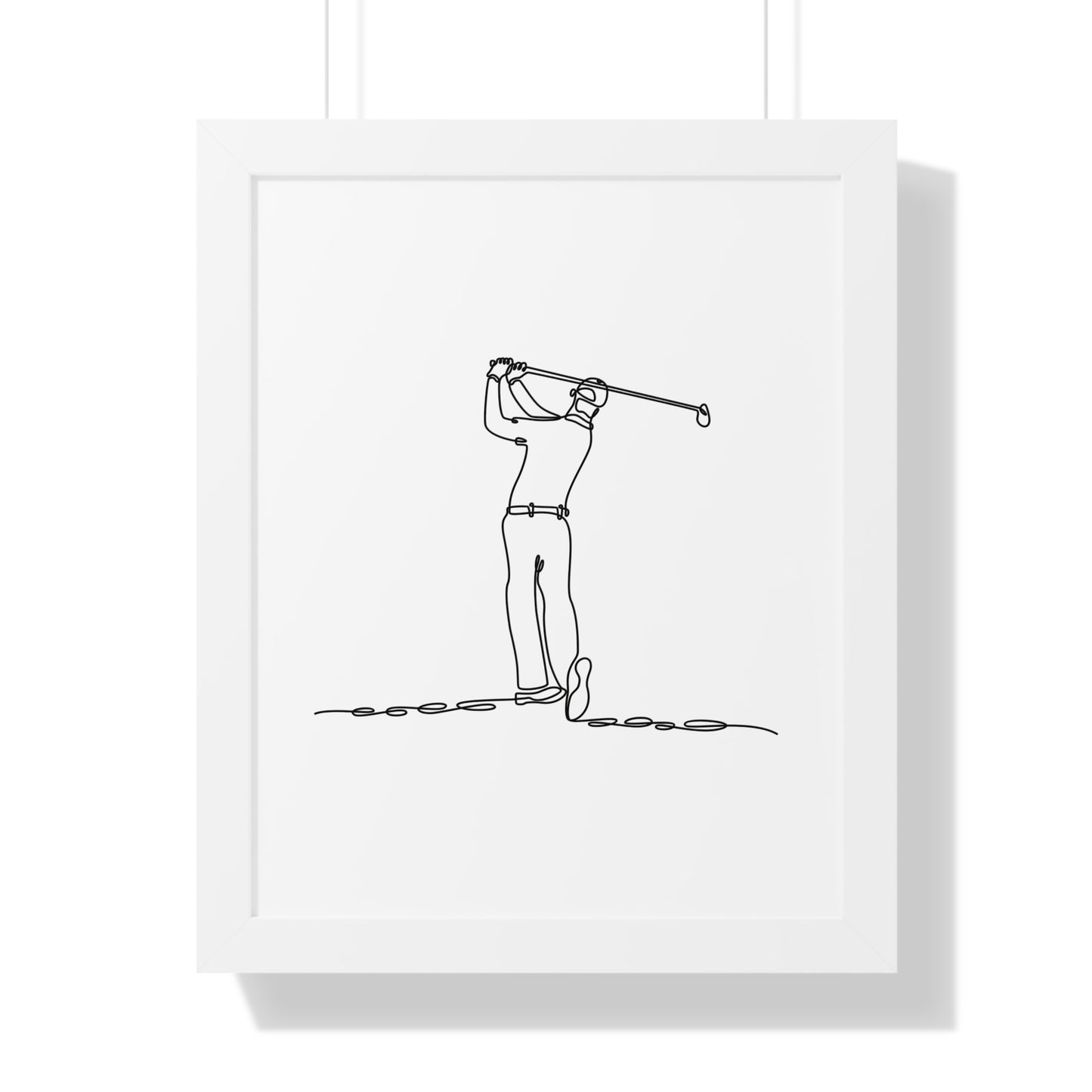 Framed artwork of a black line drawing of a golfer in a white frame.