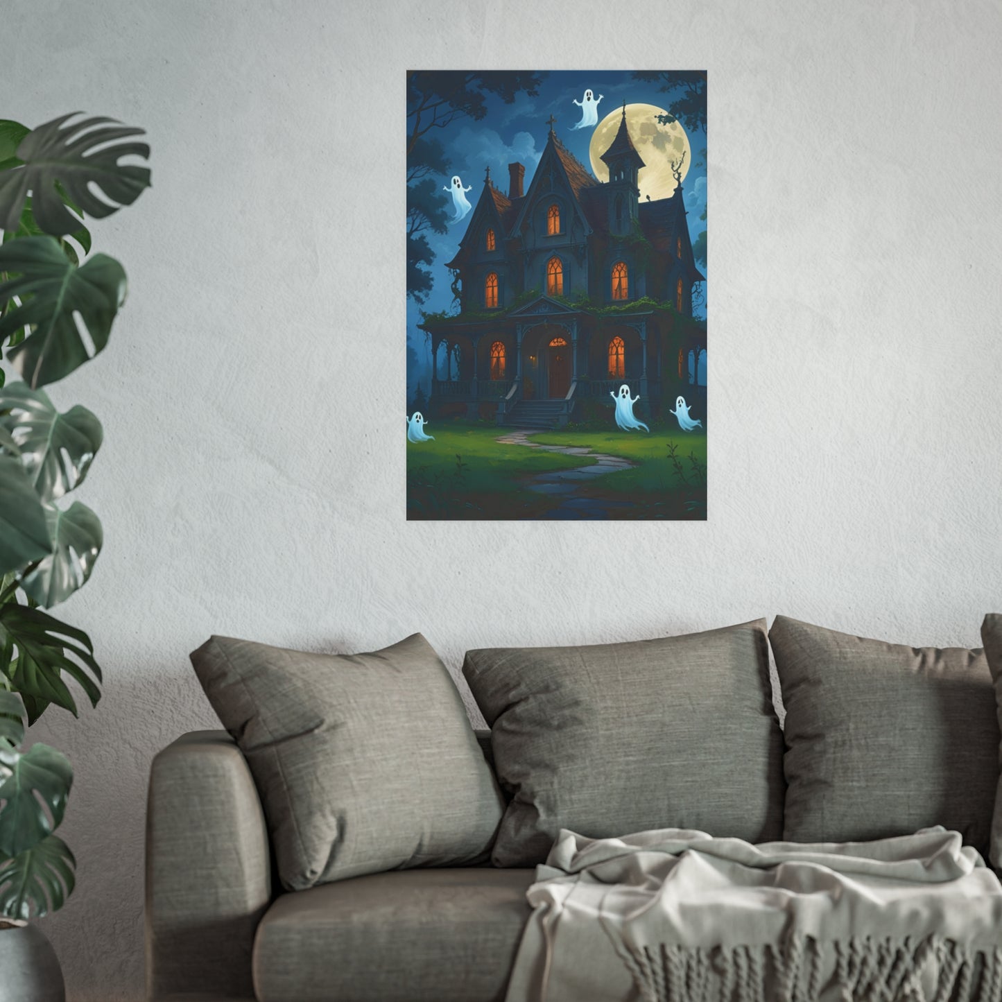 Haunted House Ghosts Poster — Friendly Ghosts Floating Around a Haunted House