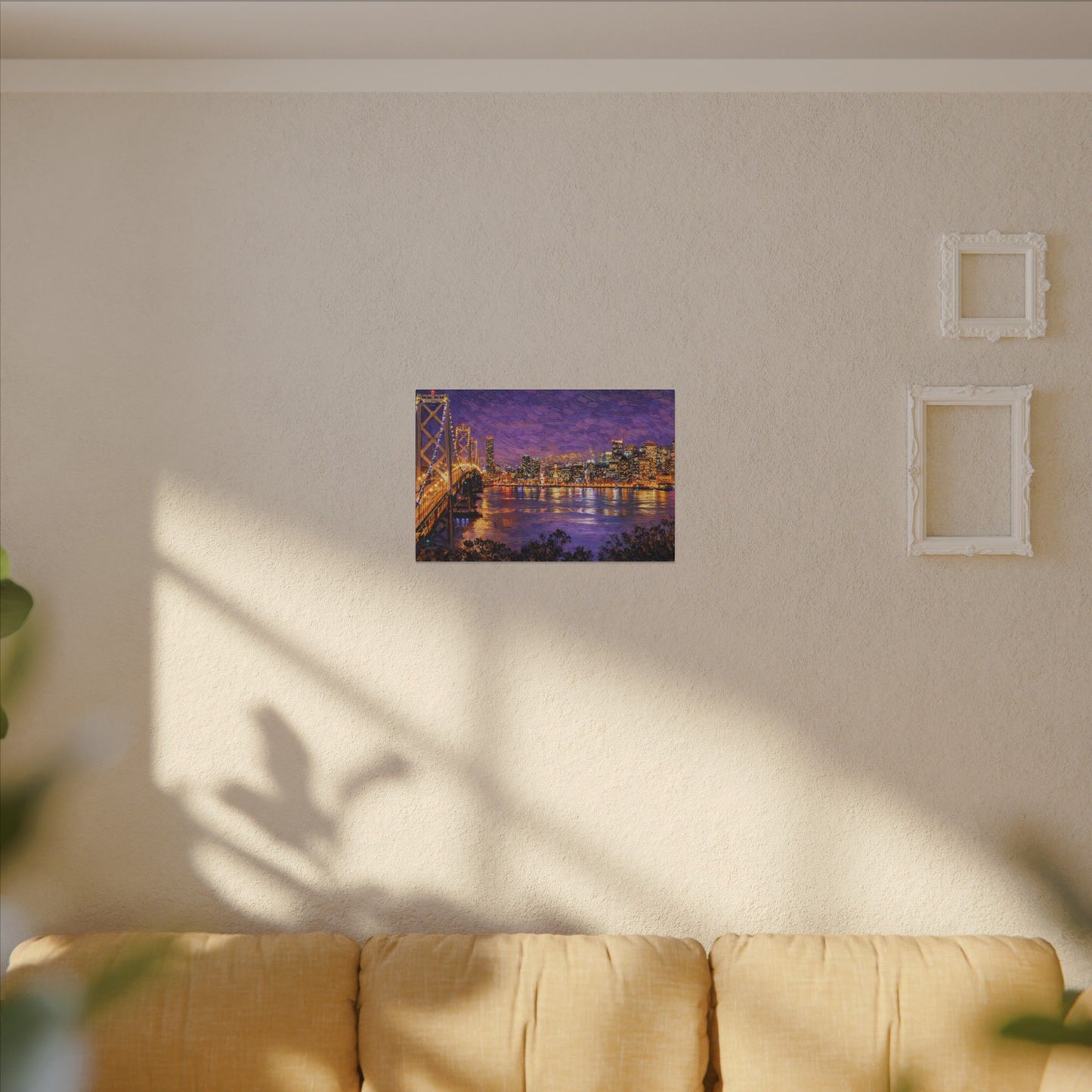 San Francisco Skyline Canvas Wall Art, Bay Bridge Night Painting, Impasto Style Artwork