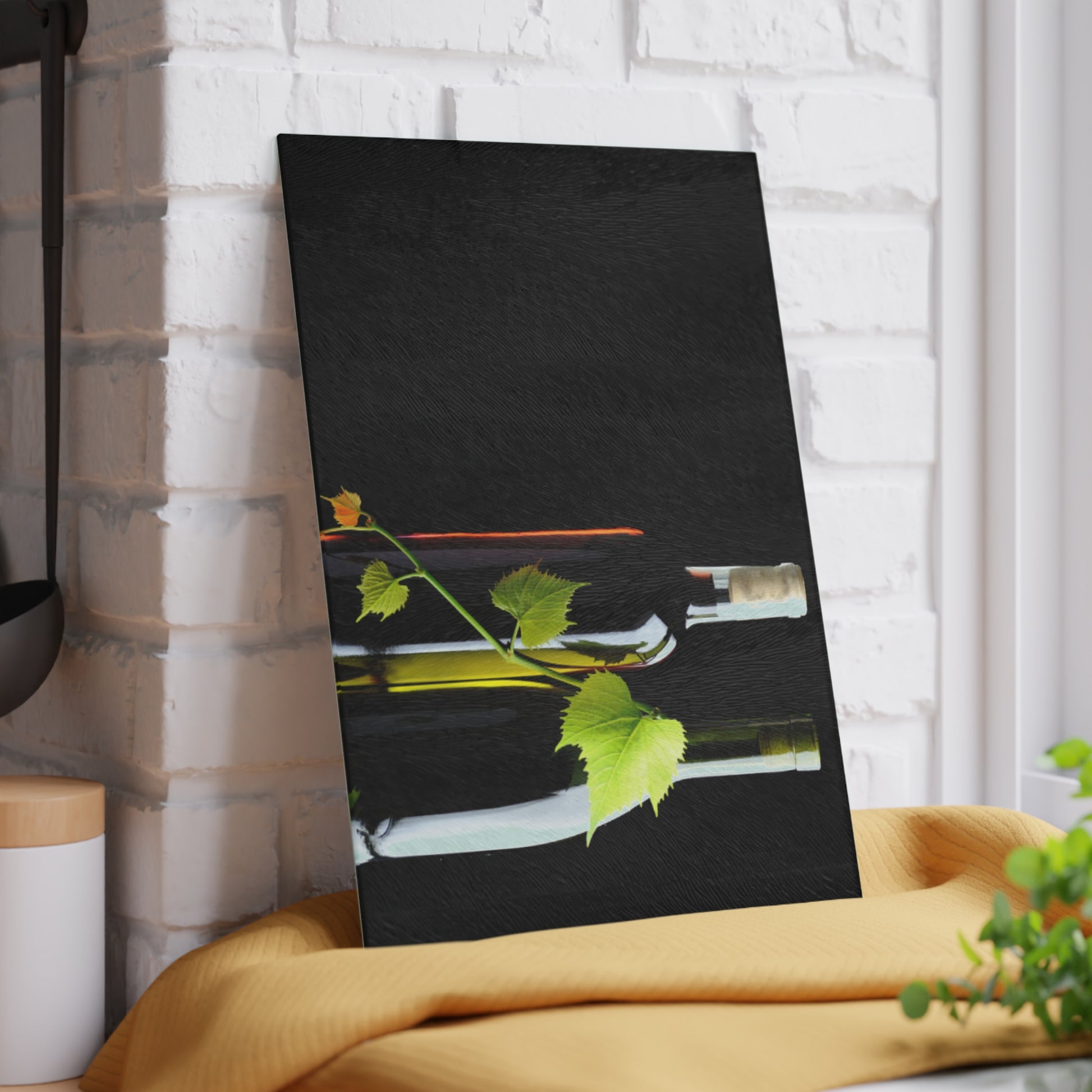 Black painting with green leaves and bottles on a white brick wall background