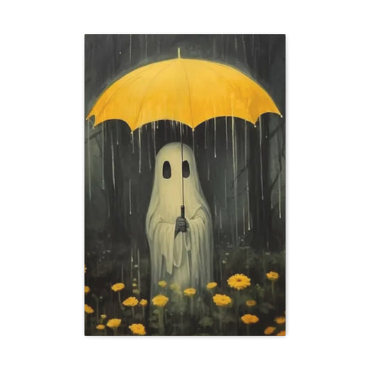 Ghost holding a yellow umbrella in a rain-soaked scene with yellow flowers