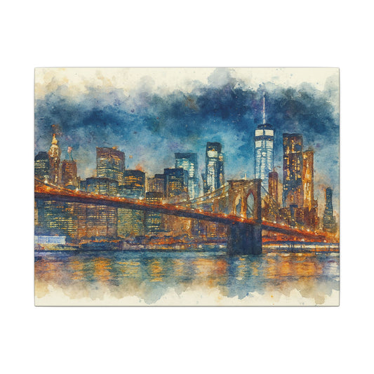 Artistic depiction of a city skyline with a bridge over water