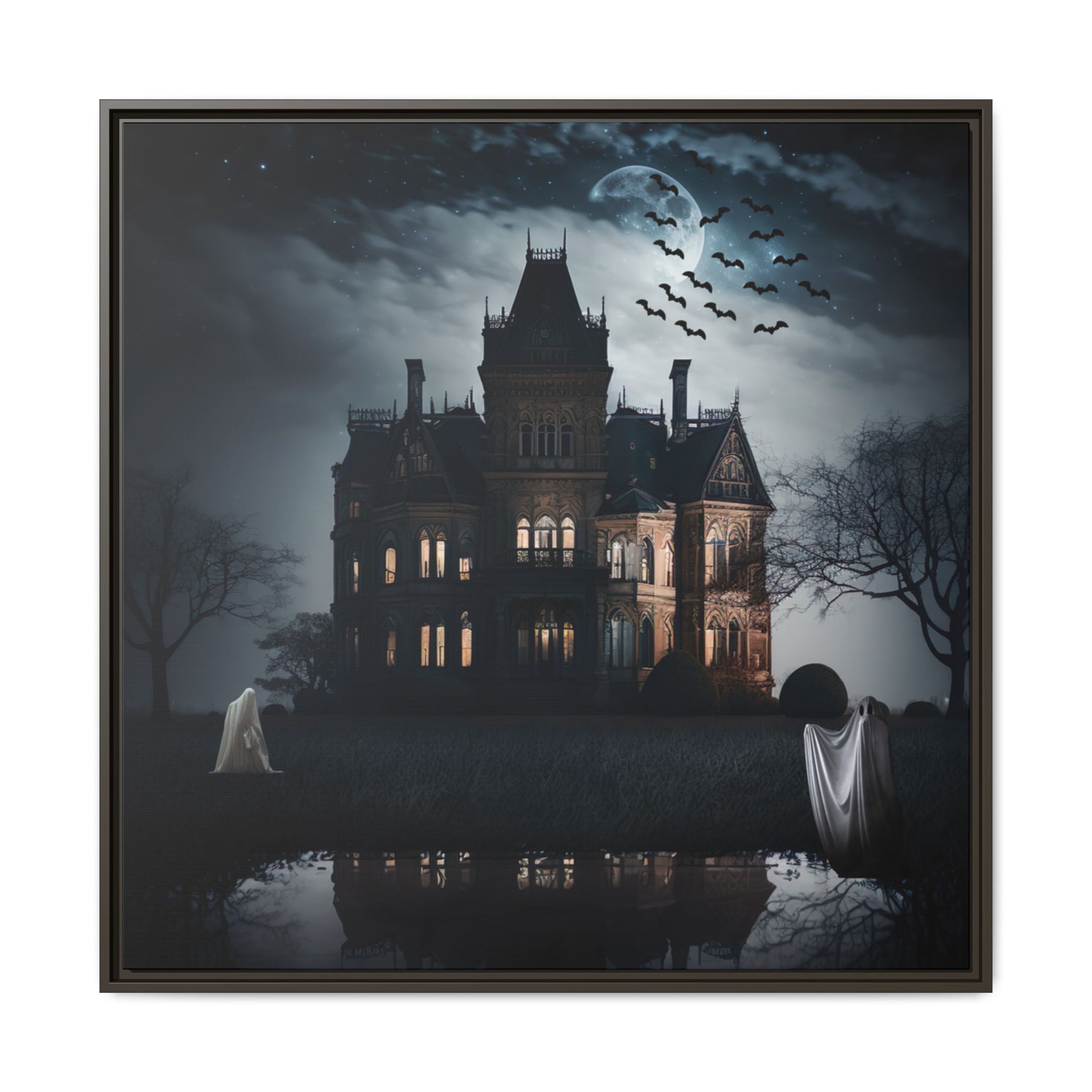 Gothic mansion at night with ghosts and bats, framed artwork