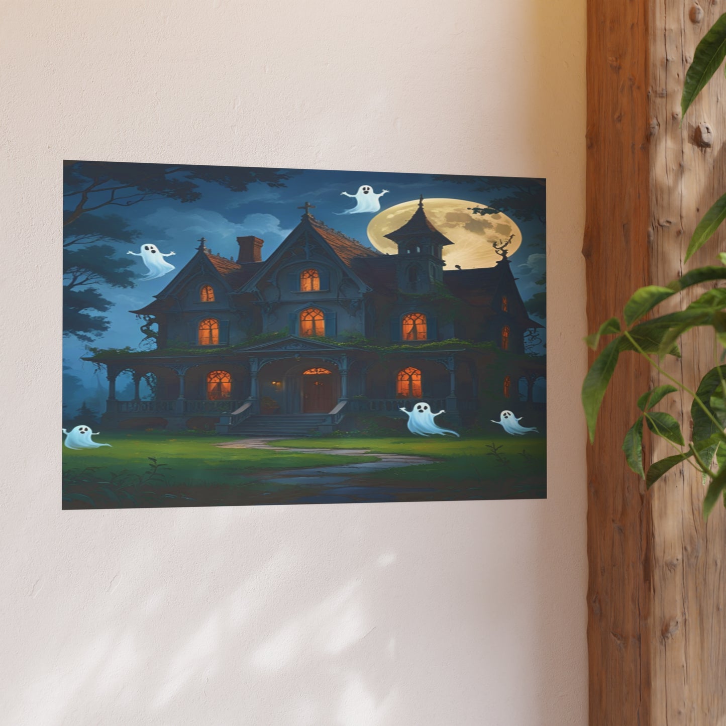 Haunted House Ghosts Poster — Friendly Ghosts Floating Around a Haunted House