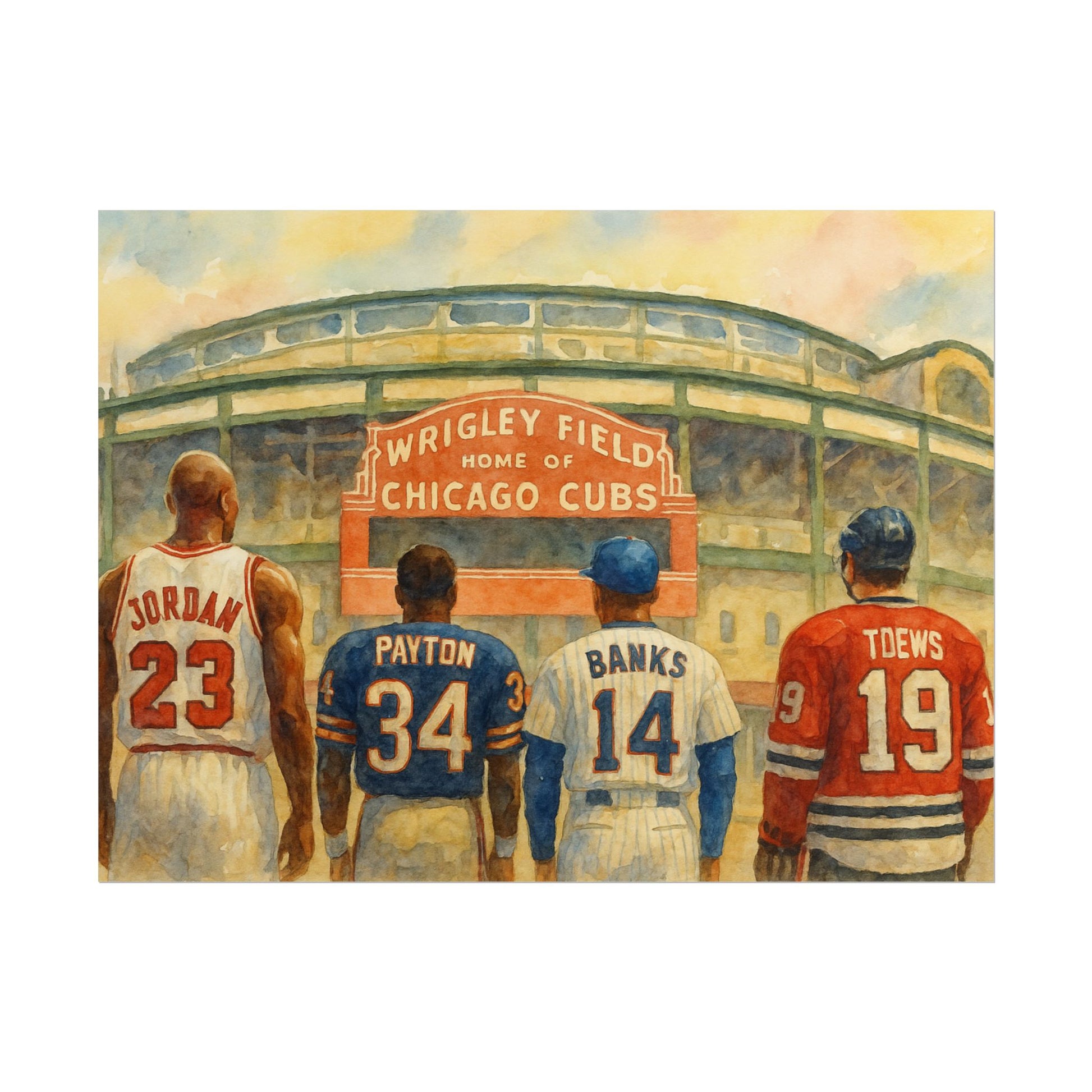 Chicago sports legends in jerseys with numbers and names, standing in front of Wrigley Field, home of the Chicago Cubs.