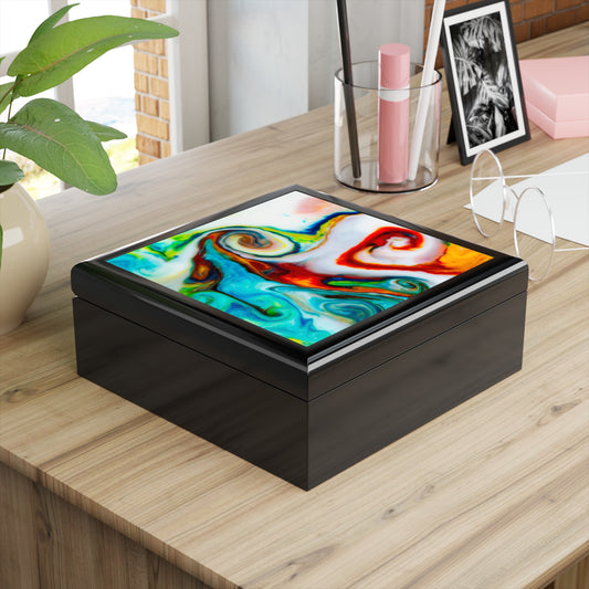Decorative box with colorful abstract design on a wooden surface