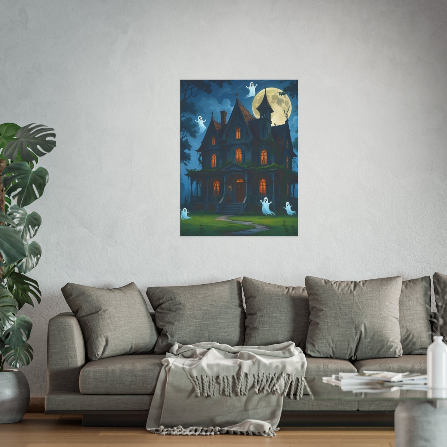 Haunted House Ghosts Poster — Friendly Ghosts Floating Around a Haunted House