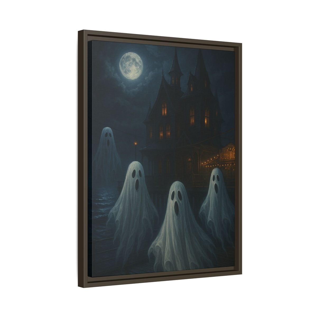 Haunted House Ghost Canvas Wall Art – Spooky Halloween Framed Art, Vintage Horror Decor, Gothic Night Scene Print