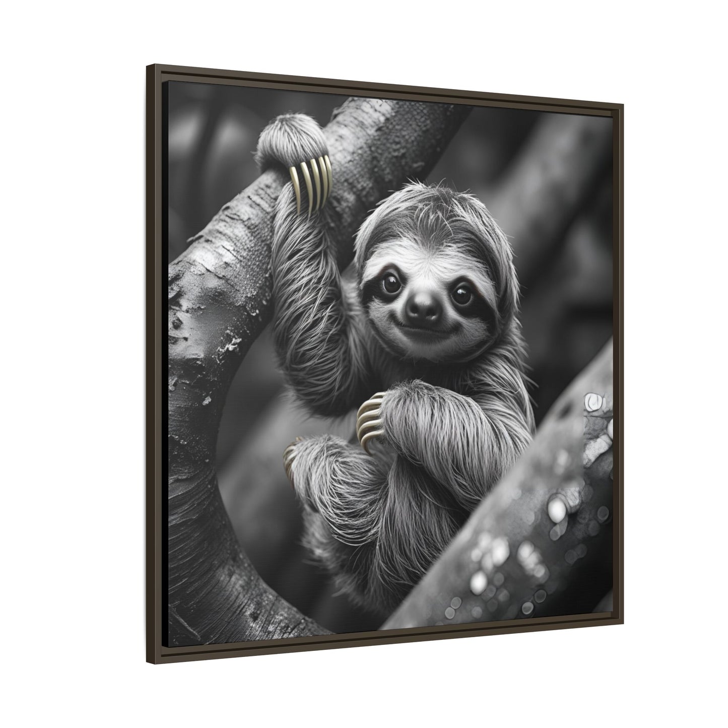 Smiling Sloth Hanging on Tree Branch Wall Art on Framed Canvas, Sloth Lover Gift, Nursery Decor, Wildlife Artwork