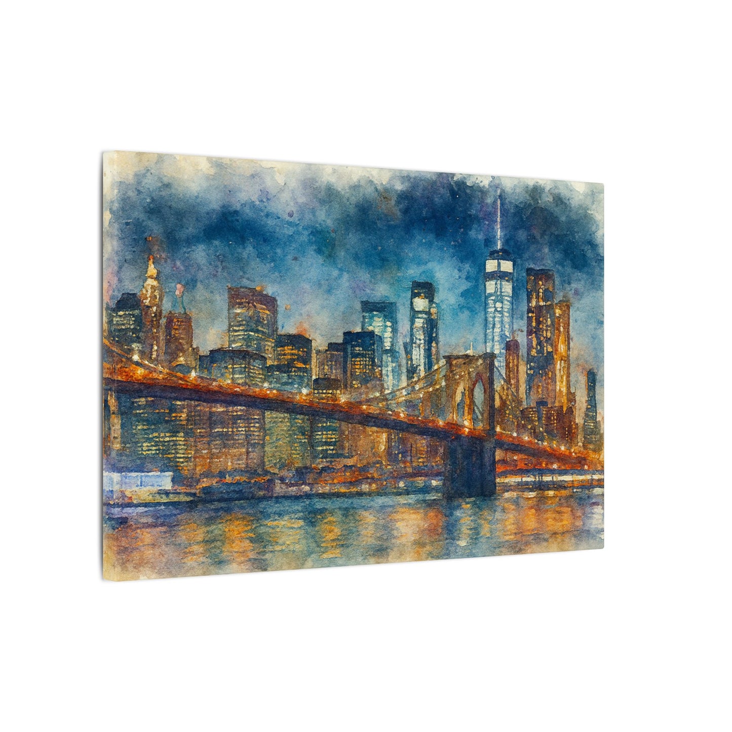 NYC Skyline Watercolor Art Print, Brooklyn Bridge Night Painting, New York City Wall Decor, Skyline Canvas Print, Urban Landscape