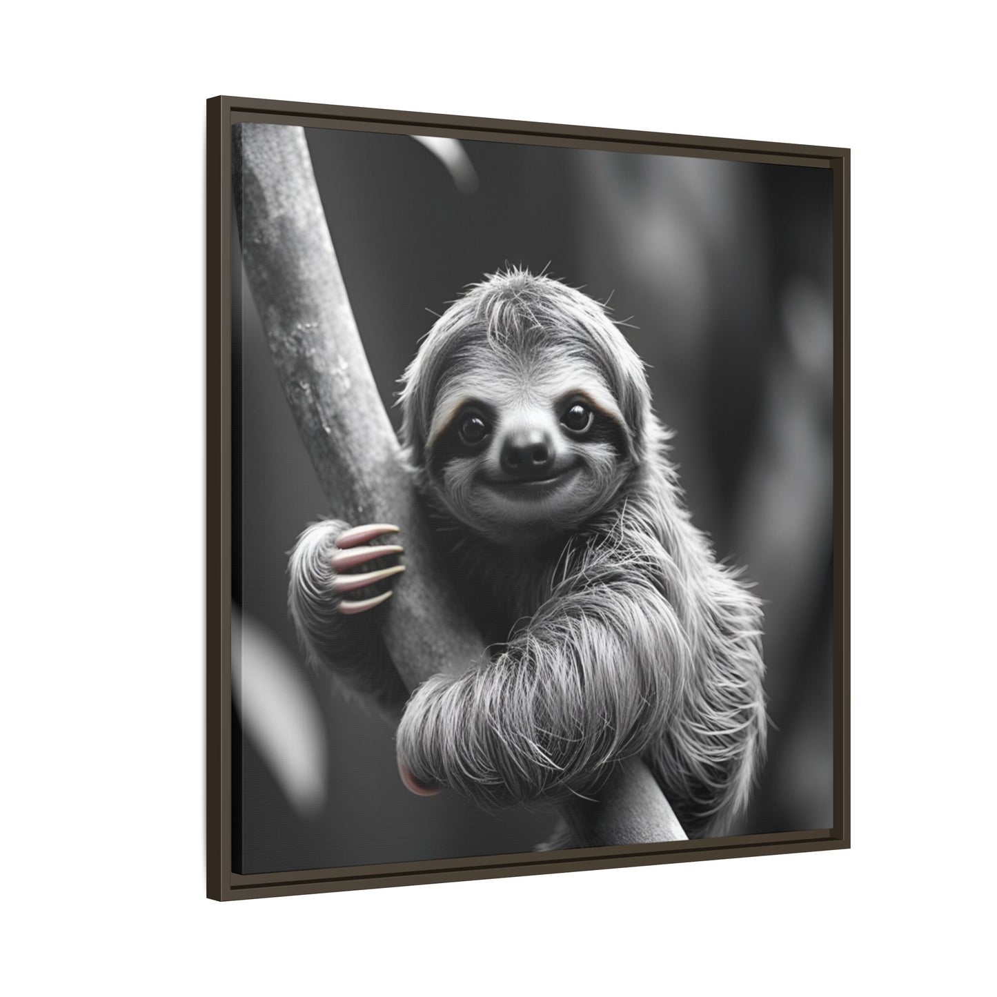 Framed artwork of a sloth hanging from a branch with a black border.