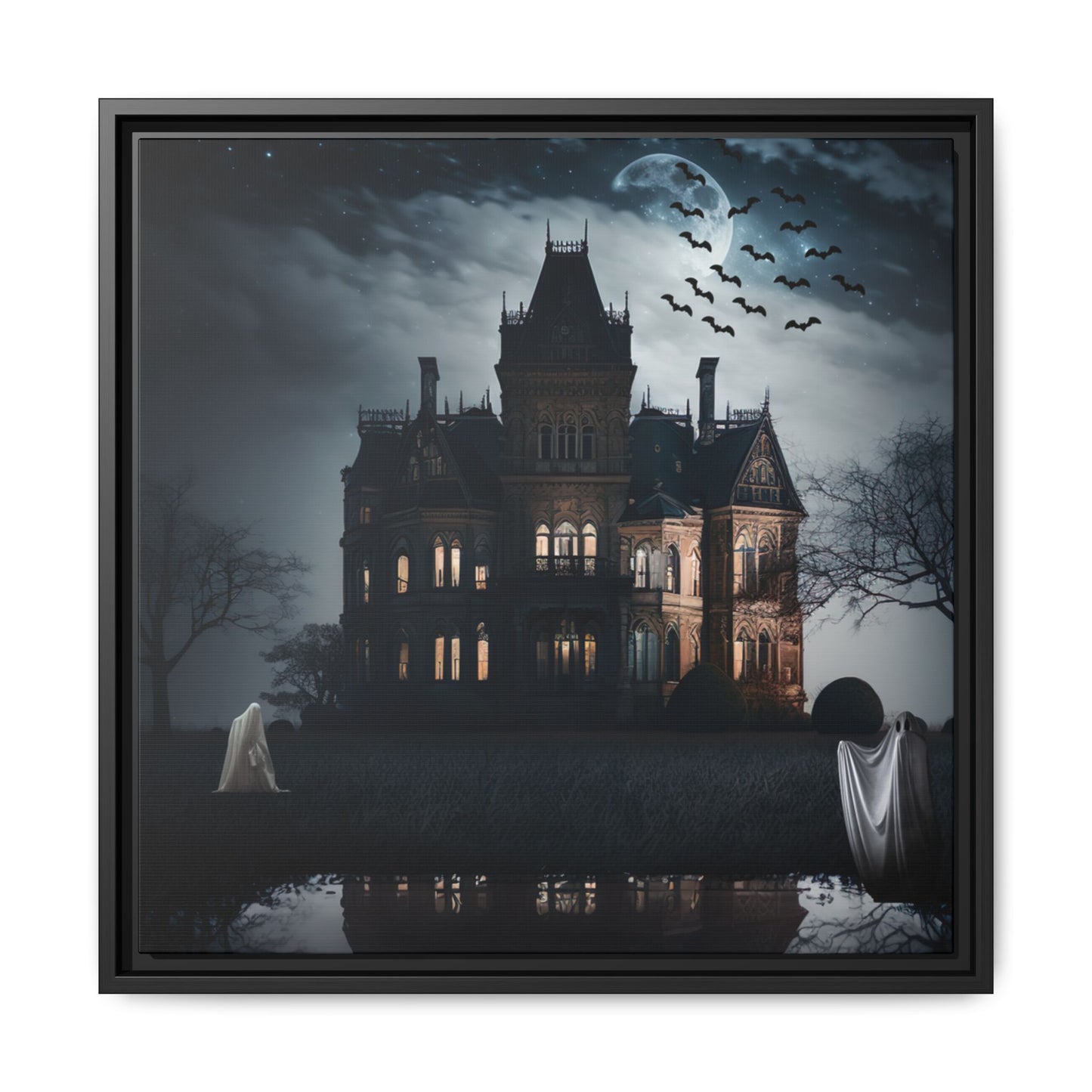 Mansion at night with ghosts and bats, framed artwork