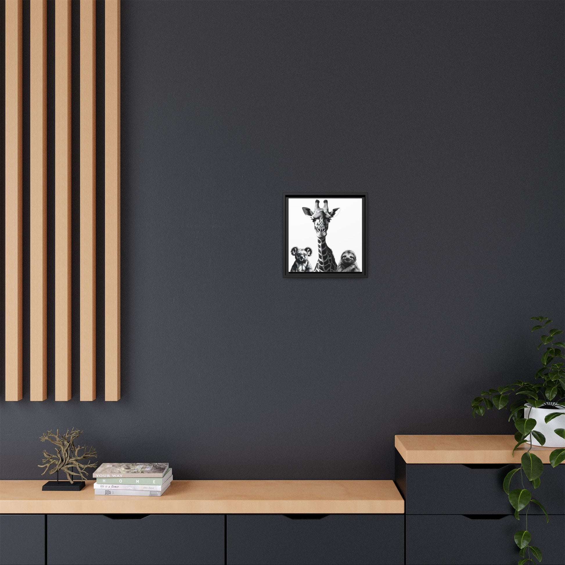 Pixelated portrait on a dark wall with wooden shelves and decor