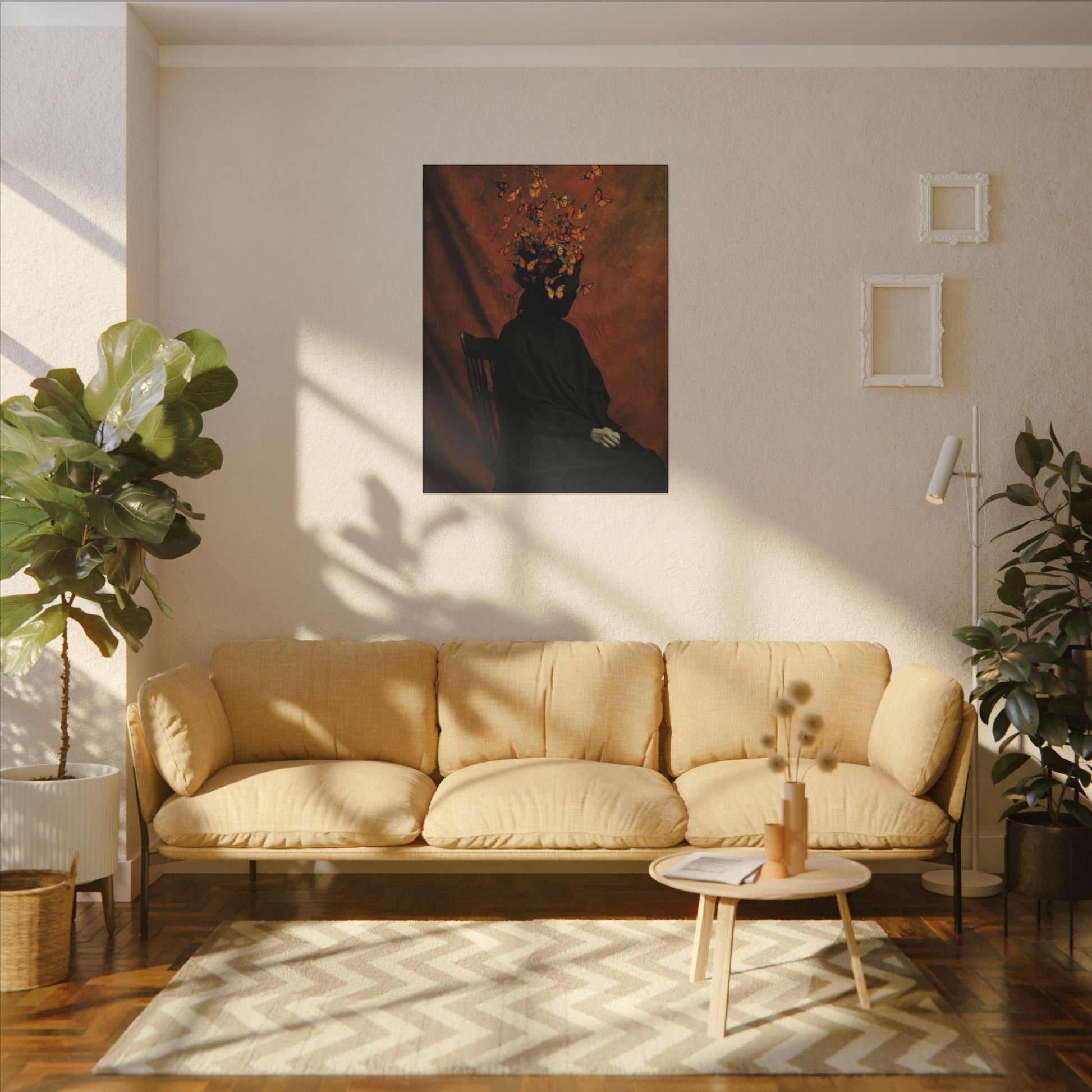 Living room with beige sofa, coffee table, and wall art