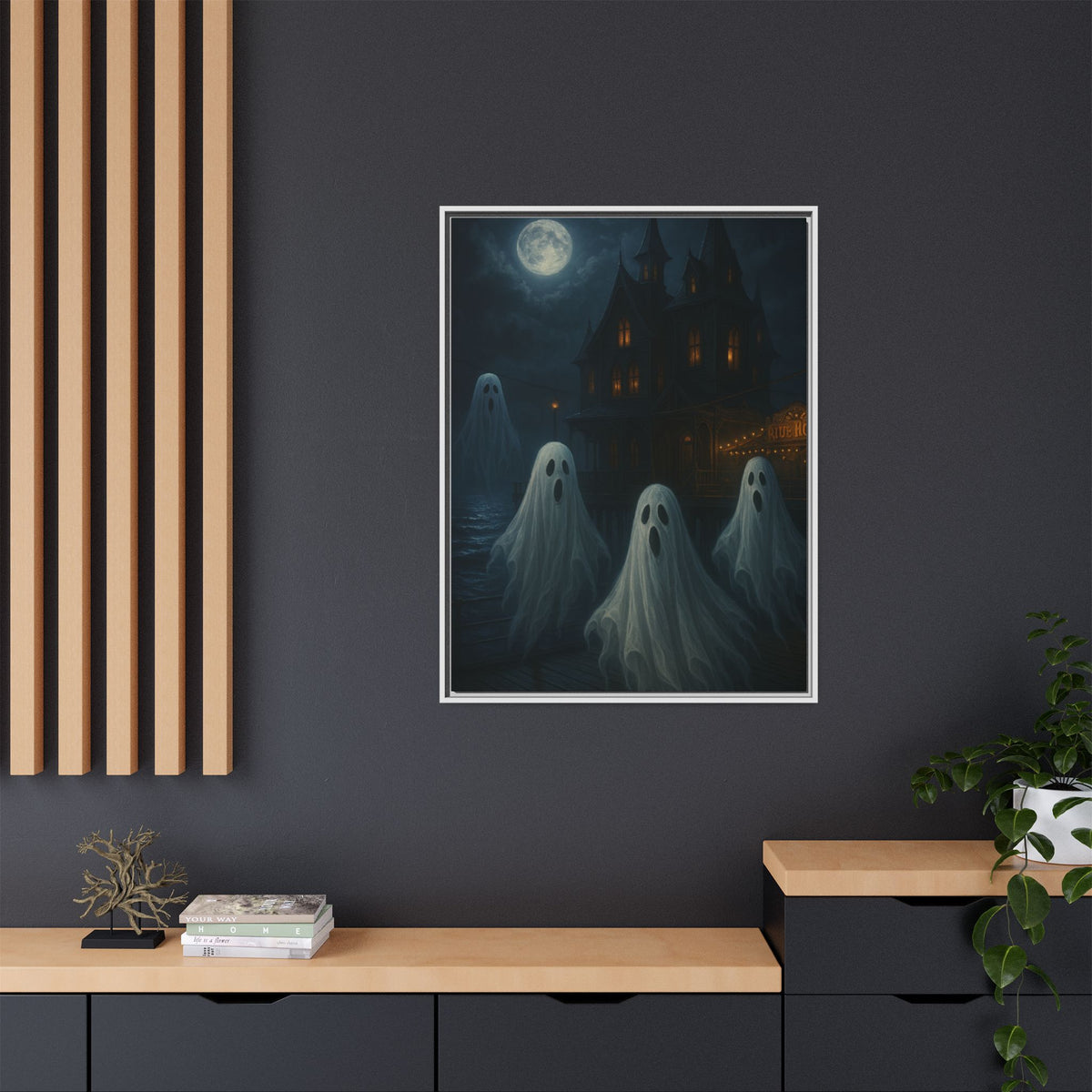 Haunted House Ghost Canvas Wall Art – Spooky Halloween Framed Art, Vintage Horror Decor, Gothic Night Scene Print