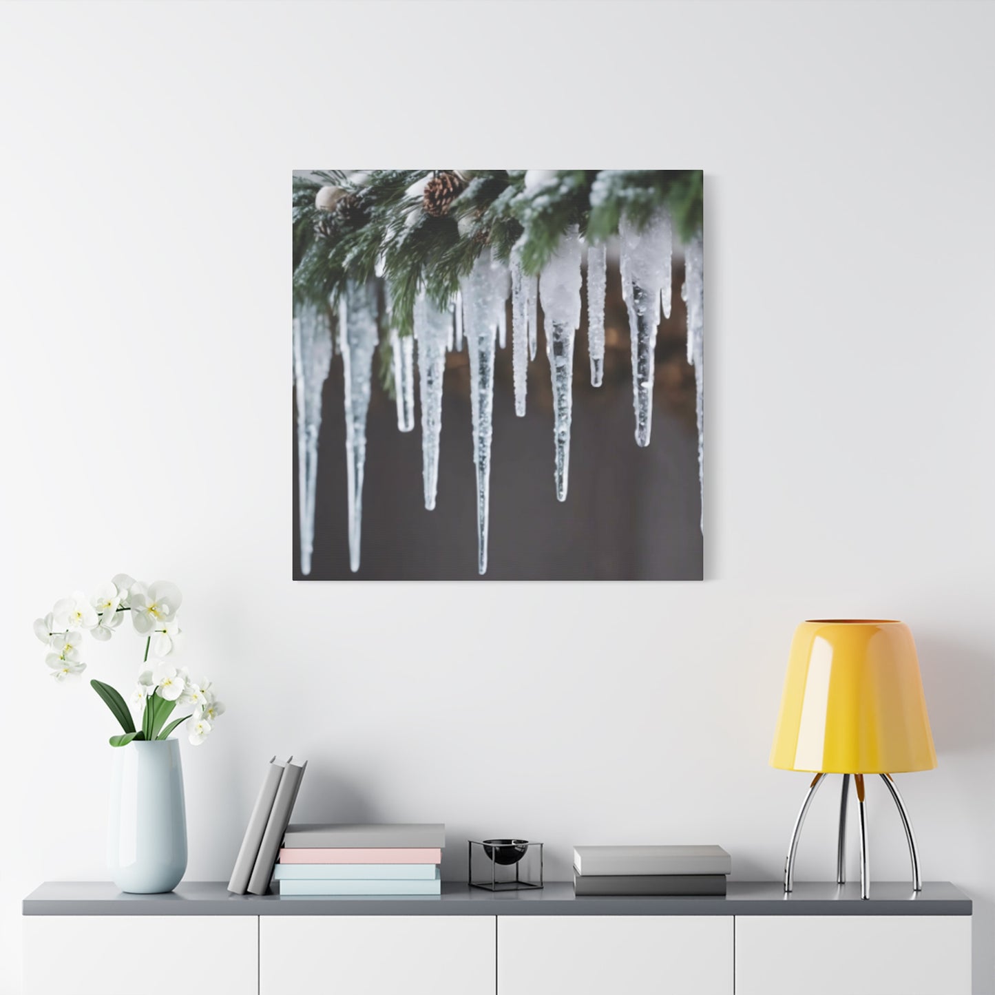 Winter Icicles Pine Branch Canvas Art: Holiday Home Decor, Stretched, 1.25"
