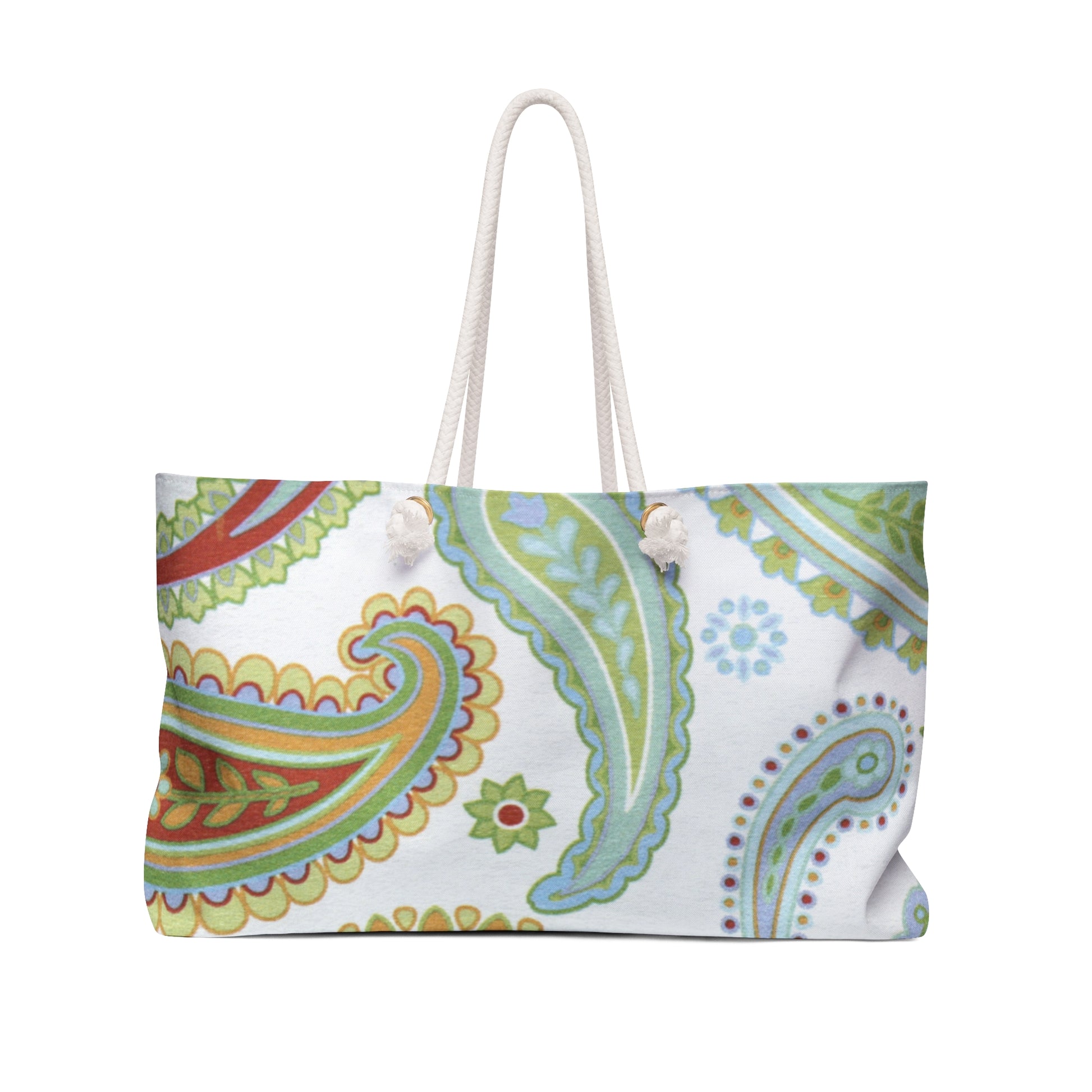 Colorful paisley-patterned bag with a white handle on a white background