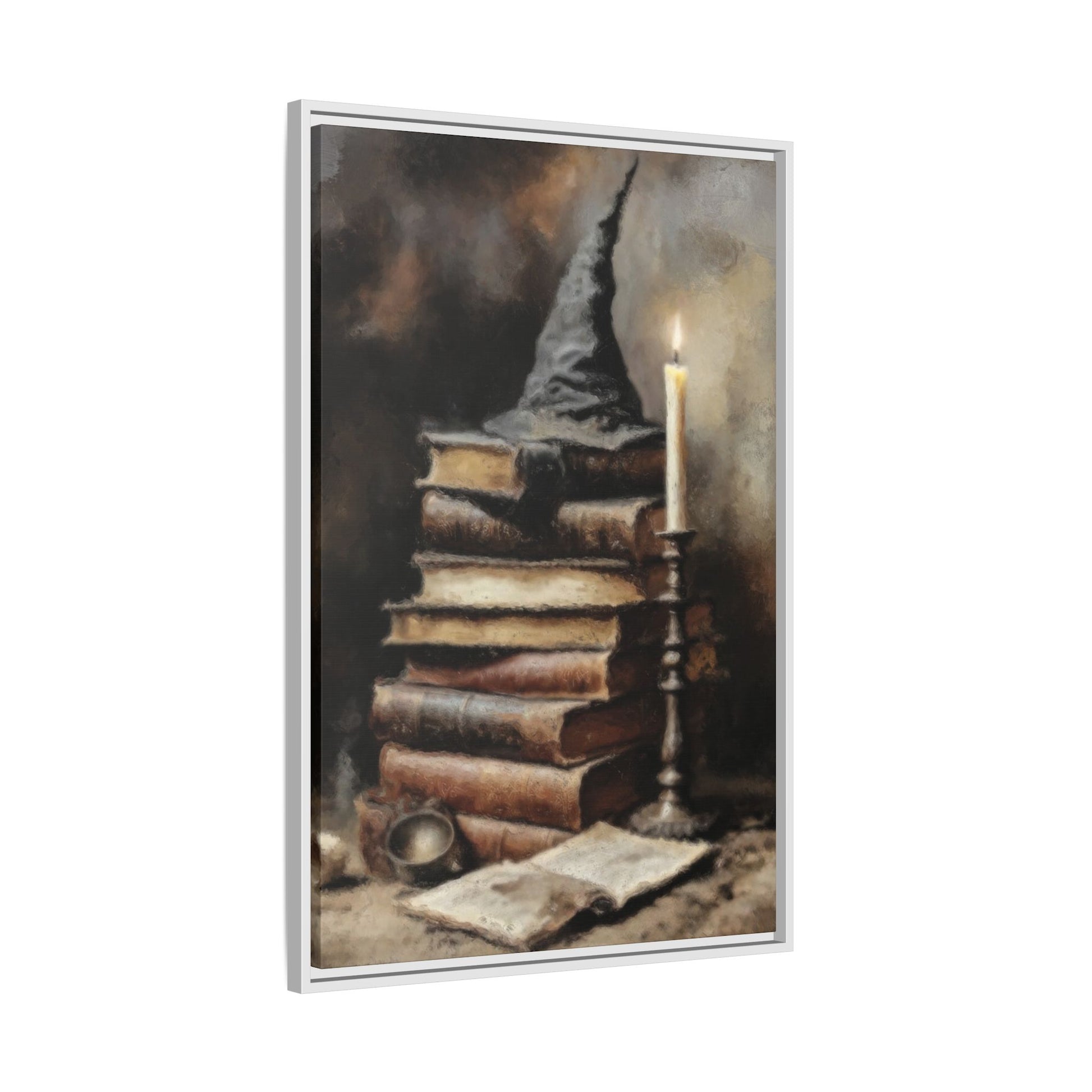 Framed artwork of a wizard's hat on books with a candle, on a white background