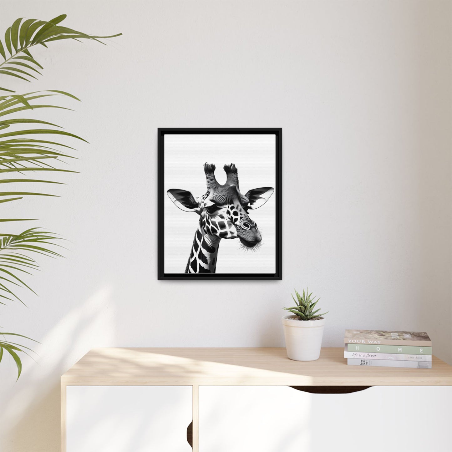 Black and White Giraffe Wall Art – Framed Safari Animal Canvas Print