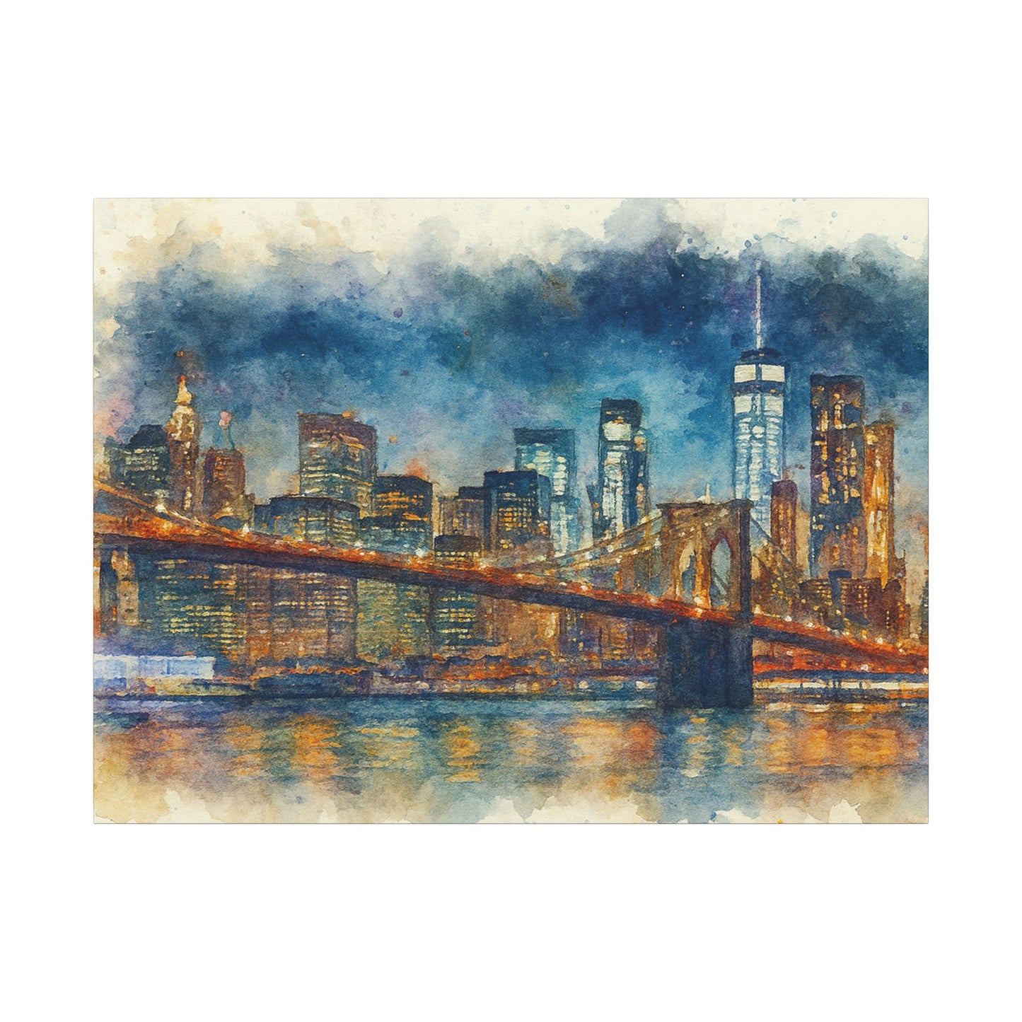 NYC Skyline Watercolor Art Print, Brooklyn Bridge Night Painting, New York City Wall Decor, Skyline Canvas Print, Urban Landscape