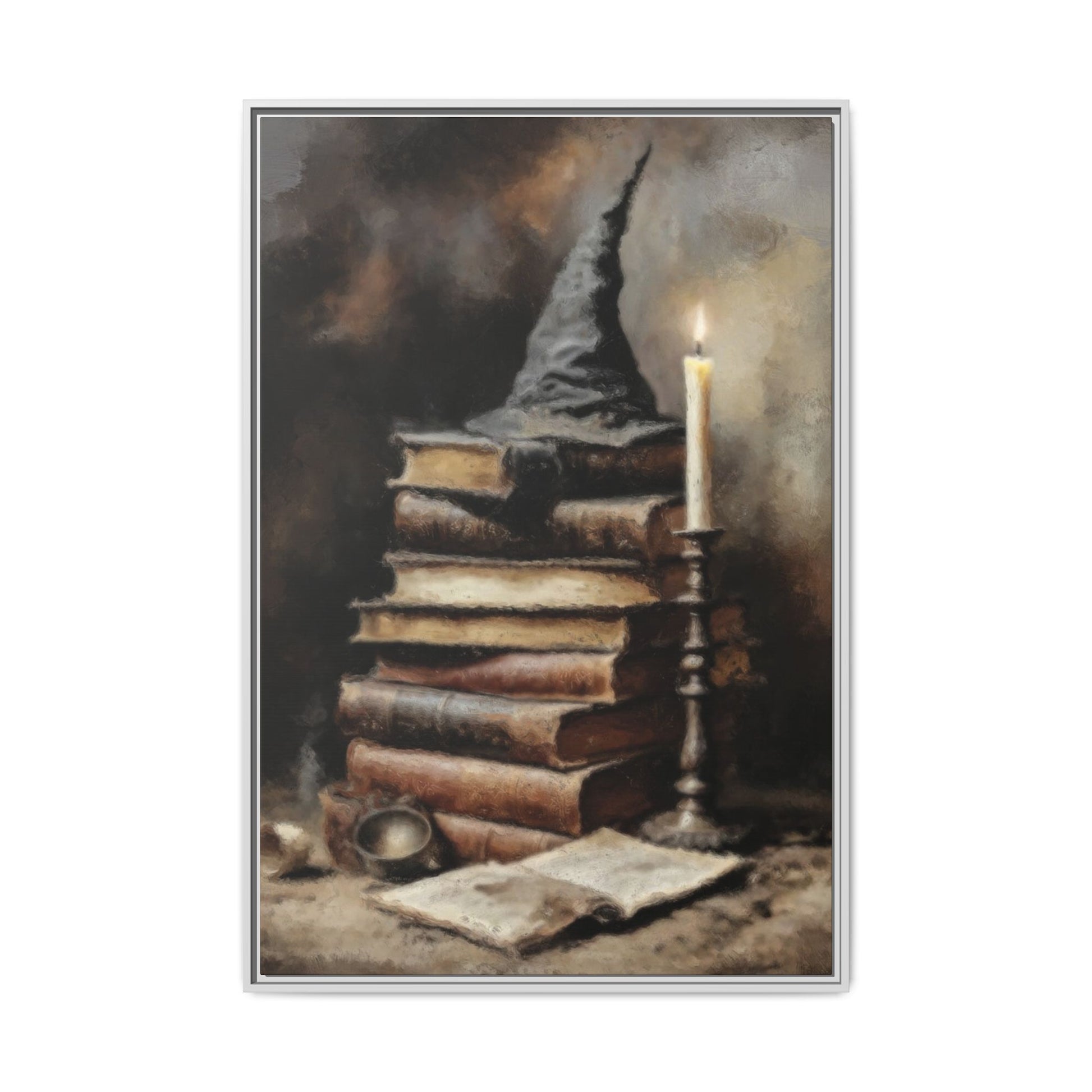 Painting of a wizard's hat on books with a candle, in a dark and mystical setting.