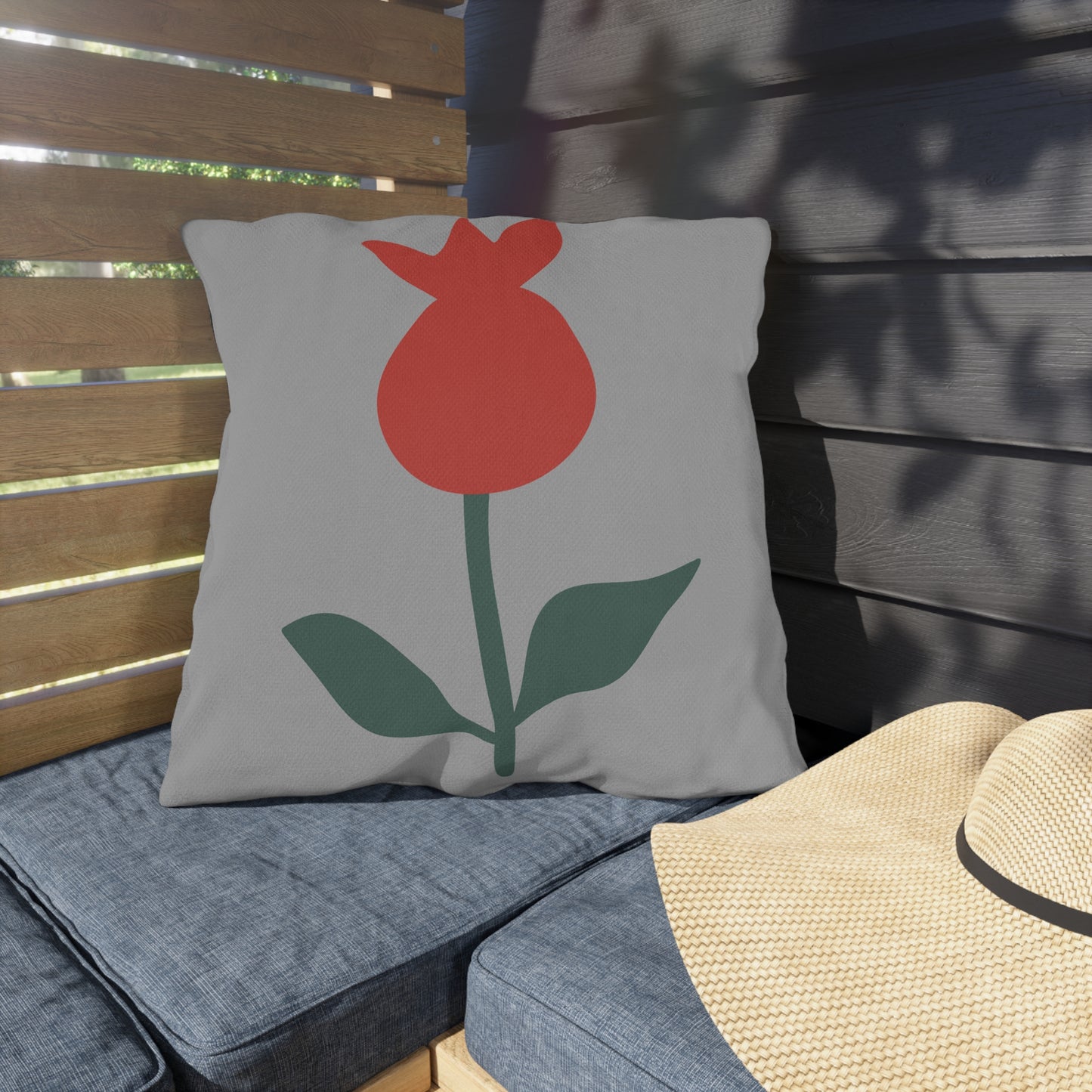 Red Flower Outdoor Throw Pillow | Botanical Grey Patio Cushion