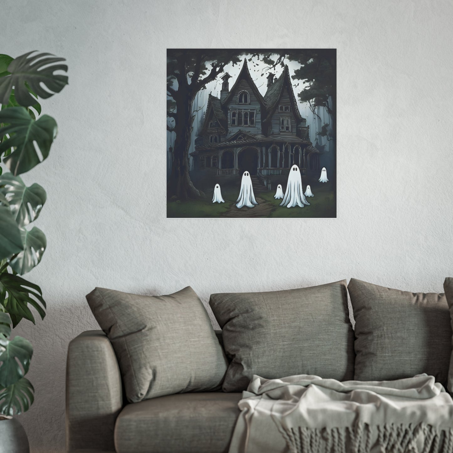 Haunted Victorian House Ghost Wall Art Print | Spooky Cute Halloween Ghost Illustration | Gothic Haunted House Decor | Halloween Wall Art