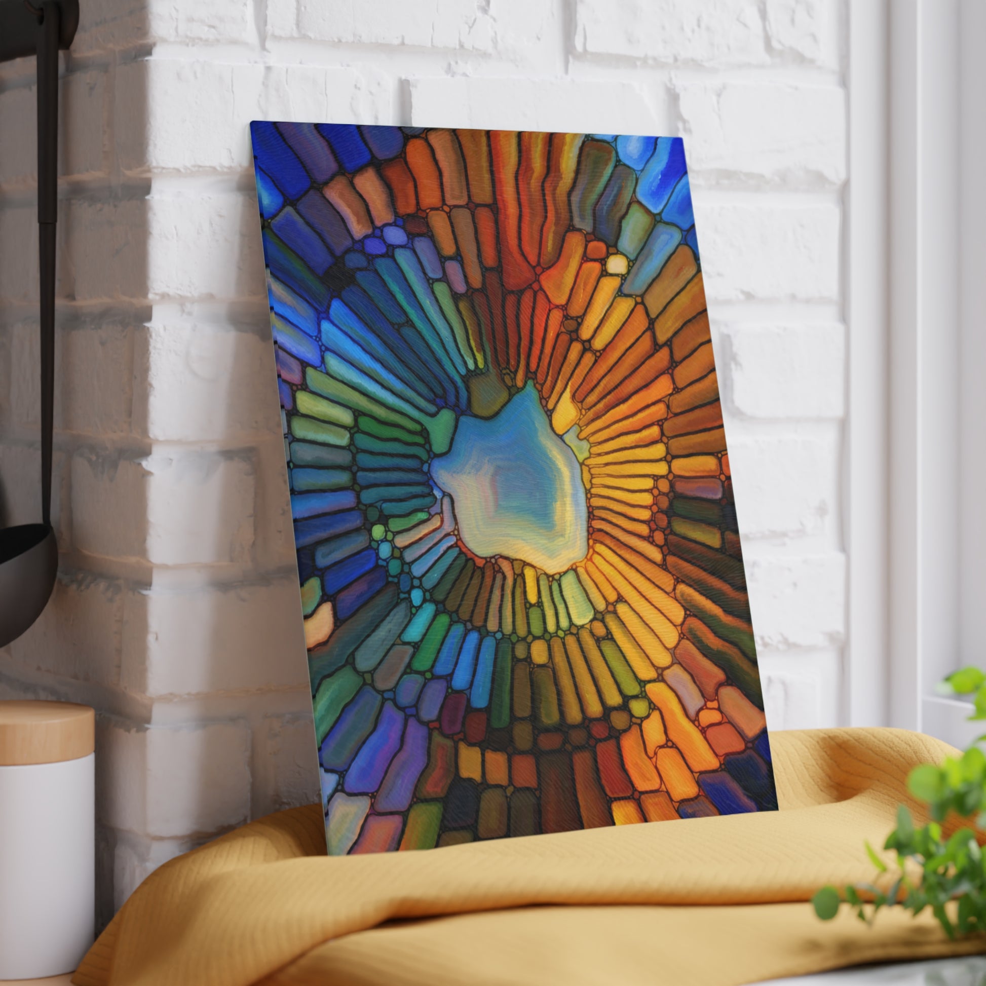 Colorful abstract art piece on a white brick wall