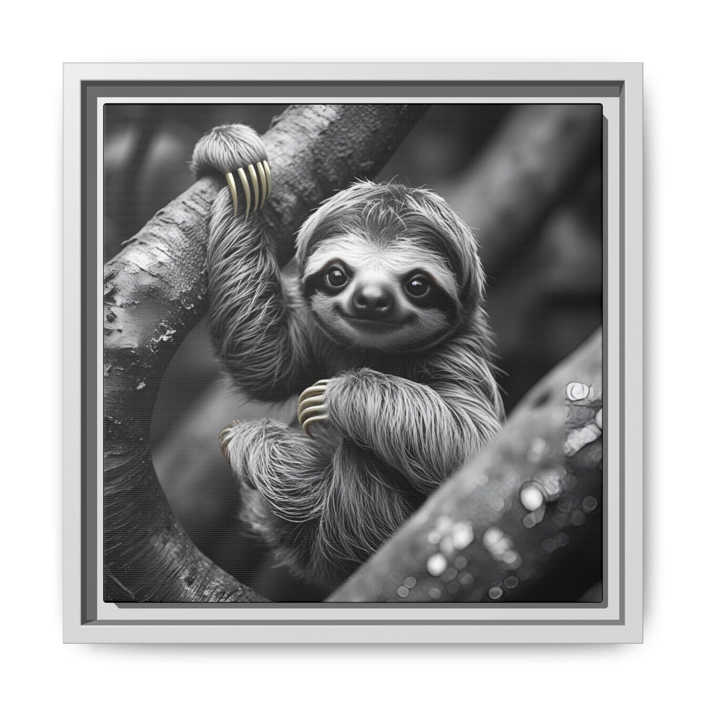 Smiling Sloth Hanging on Tree Branch Wall Art on Framed Canvas, Sloth Lover Gift, Nursery Decor, Wildlife Artwork