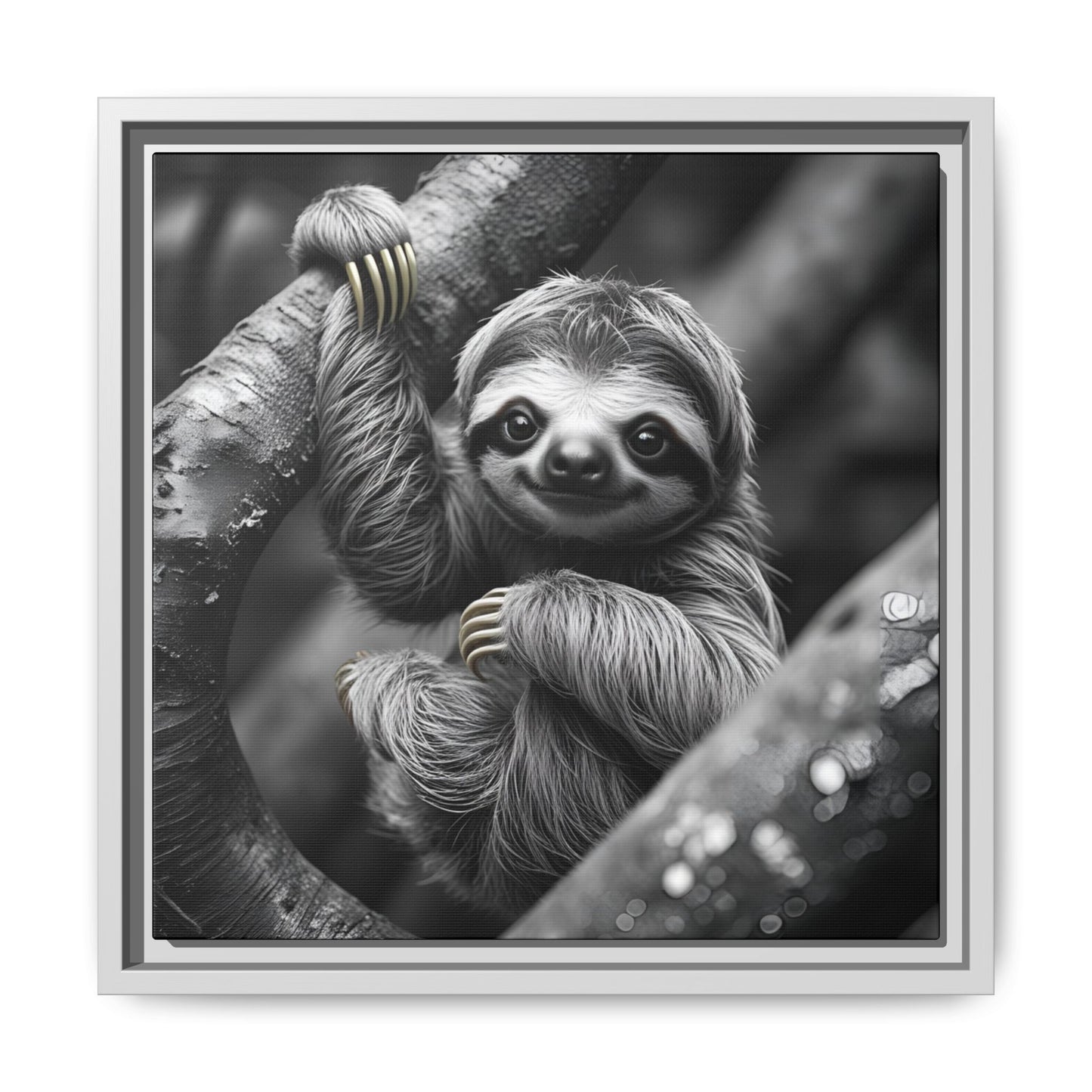 Smiling Sloth Hanging on Tree Branch Wall Art on Framed Canvas, Sloth Lover Gift, Nursery Decor, Wildlife Artwork