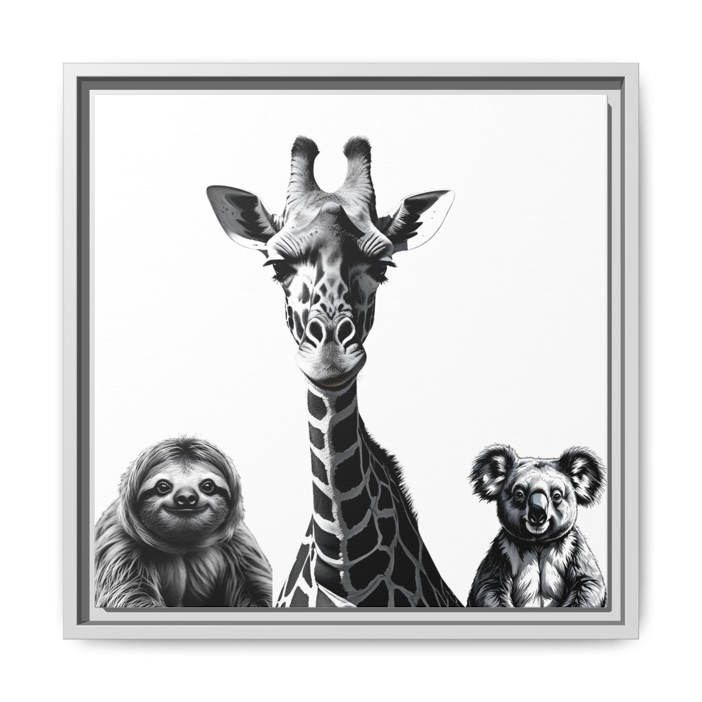 framed playful animal giraffe, sloth, koala print