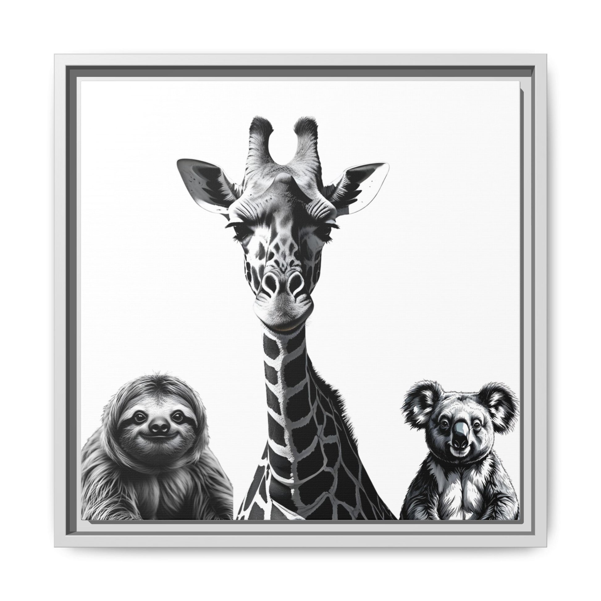 framed playful animal giraffe, sloth, koala print