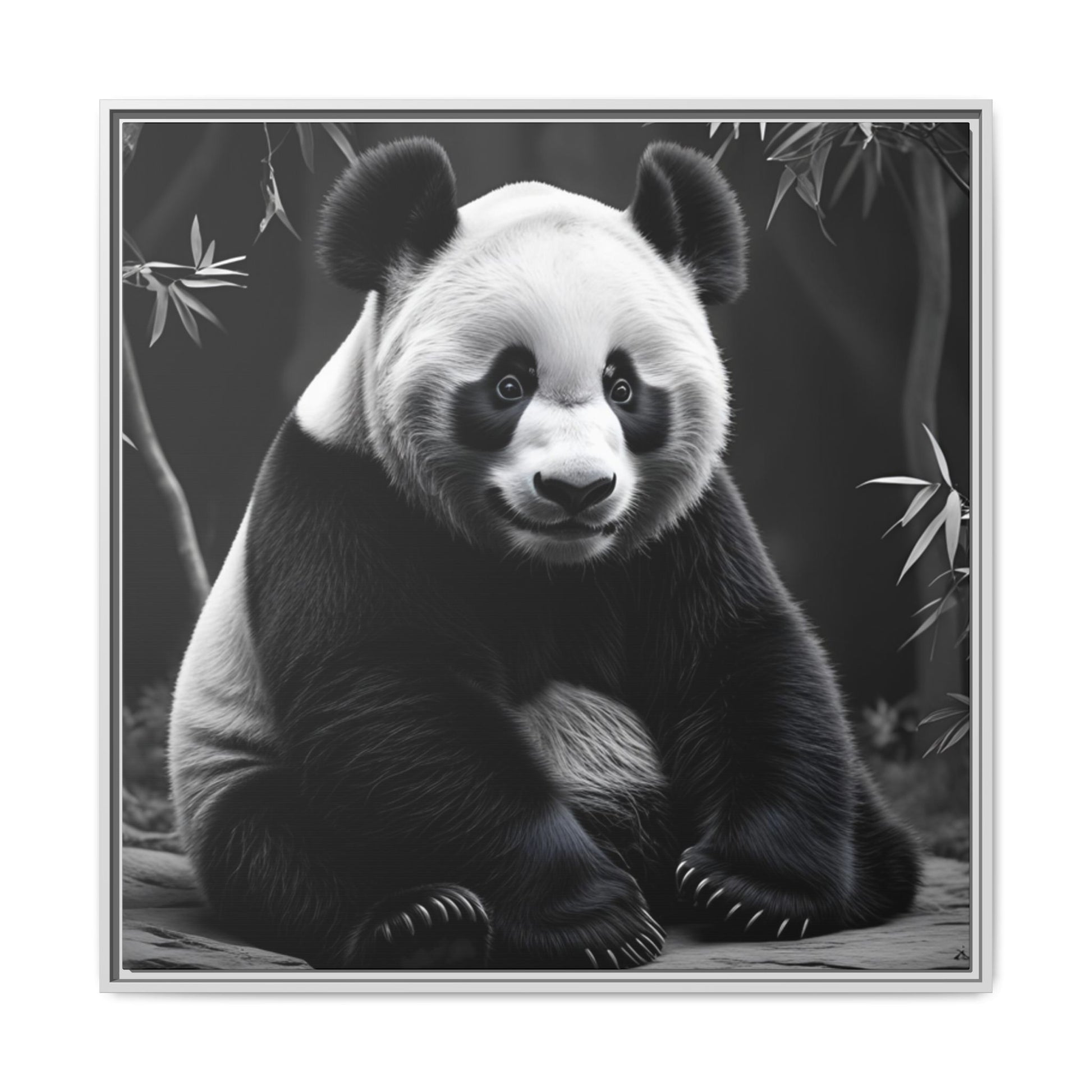 Black and white panda bear sitting on a branch with bamboo leaves in the background
