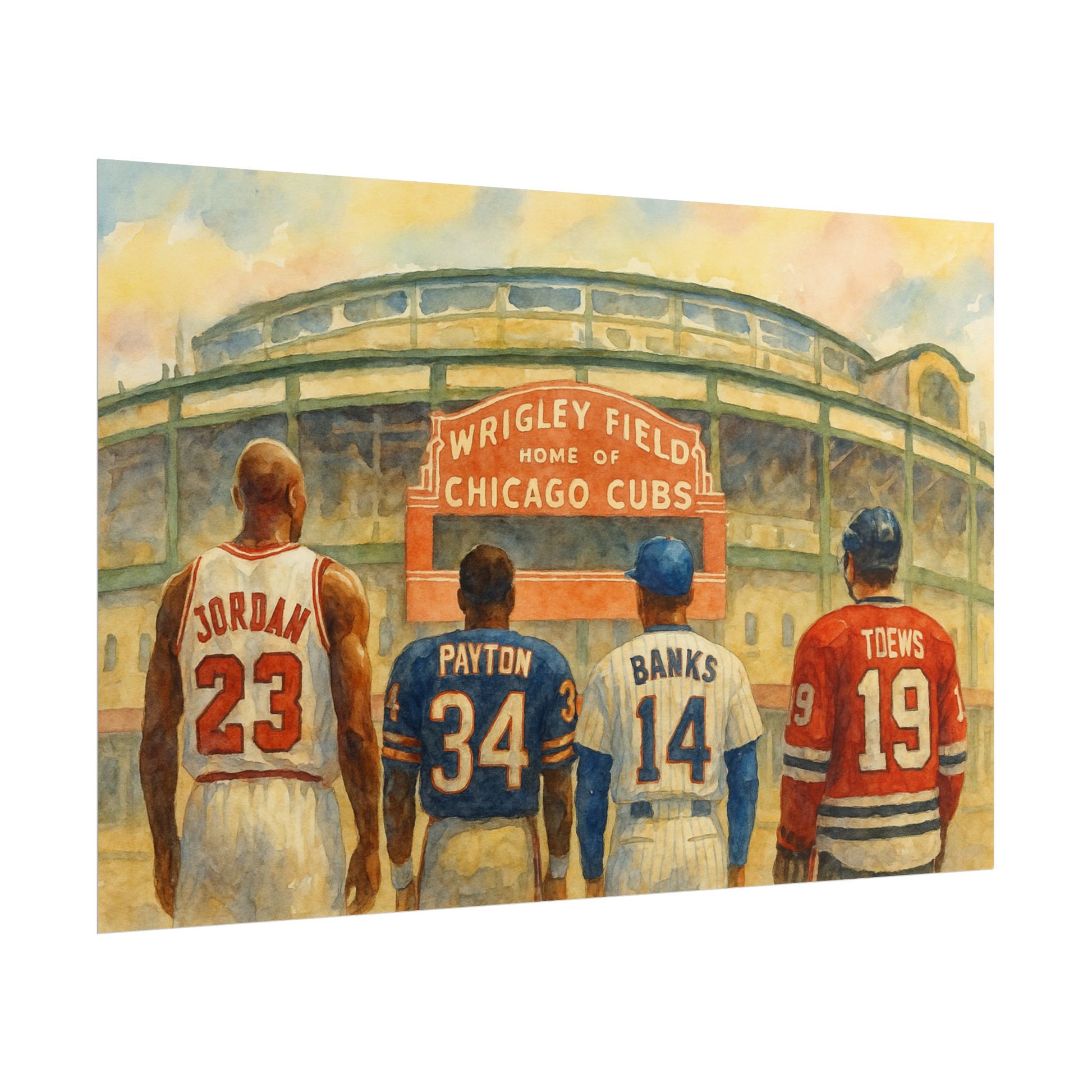 Chicago sports legends in jerseys with numbers and names, standing in front of Wrigley Field, home of the Chicago Cubs.