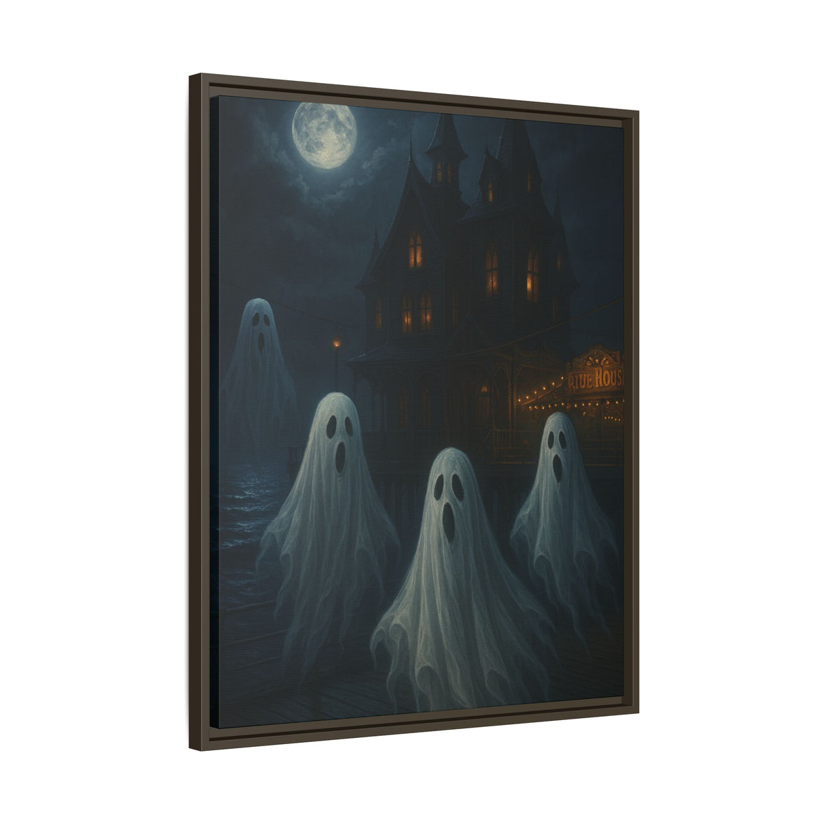 Haunted House Ghost Canvas Wall Art – Spooky Halloween Framed Art, Vintage Horror Decor, Gothic Night Scene Print