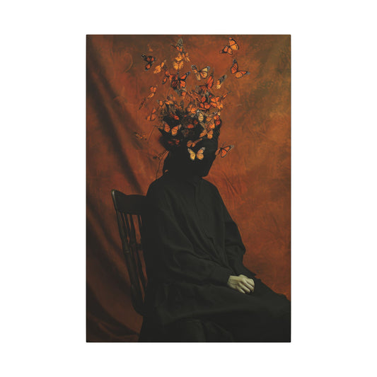 Butterfly Head Canvas Wall Art, Person in Black Sitting on Chair, Surreal Dark Academia Aesthetic, Gothic Dreamlike Home Mantle Décor Print