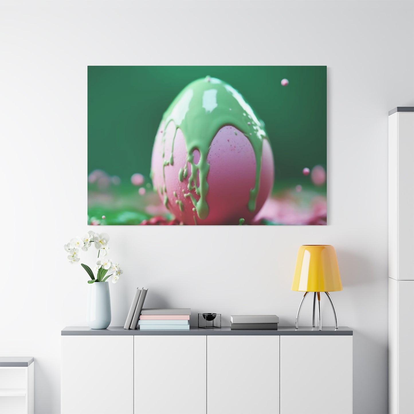 Canvas Wall or Mantle Art Pink Easter Egg with Green Paint Spring Home Decor