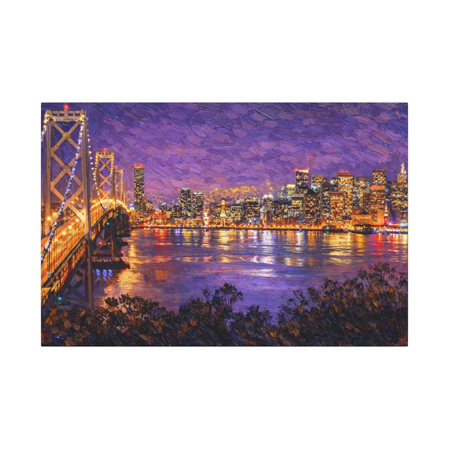 San Francisco Skyline Canvas Wall Art, Bay Bridge Night Painting, Impasto Style Artwork