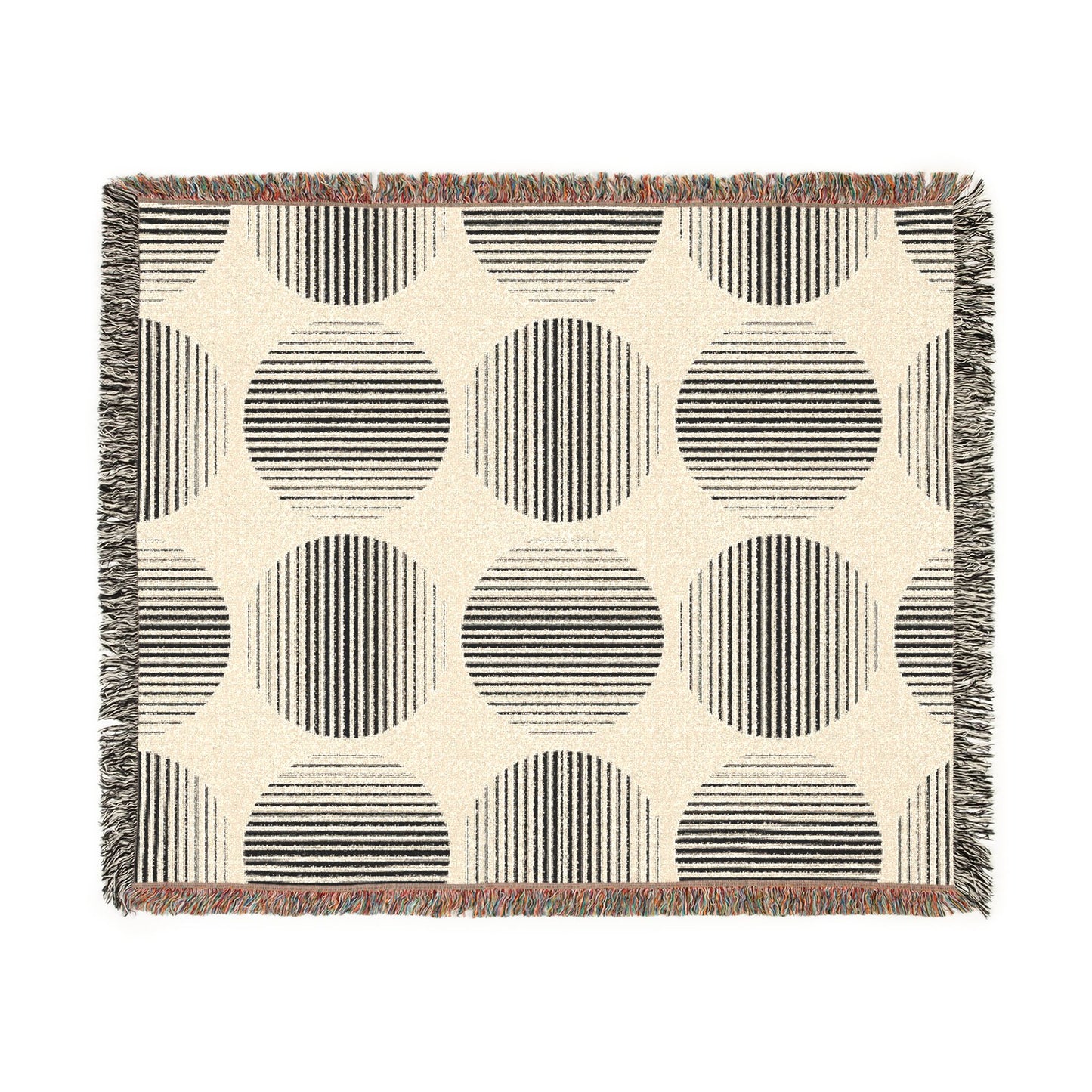 Modern Geometric Woven Throw Blanket | Black & Cream Circle Boho Decor