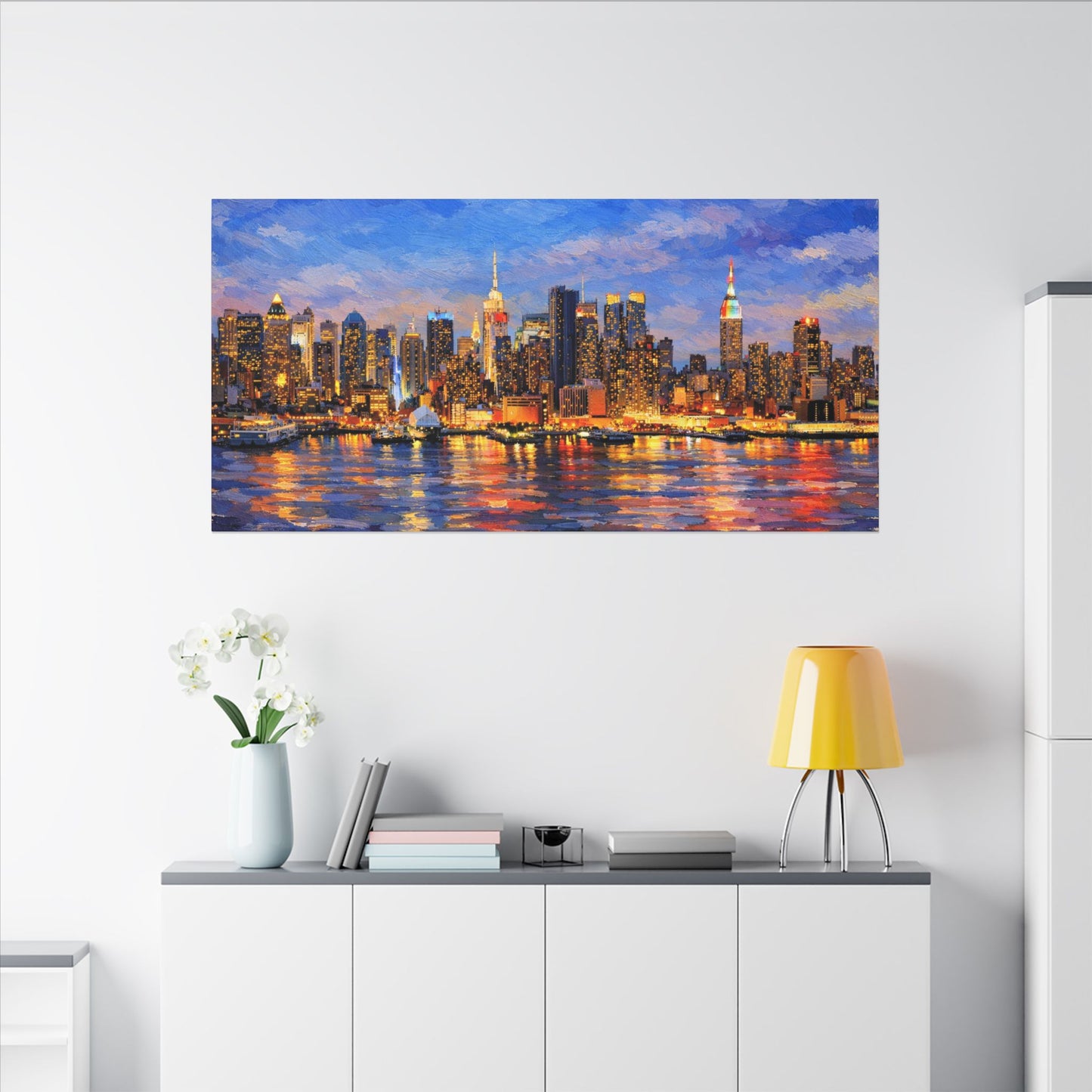 New York City Skyline Canvas Wall Art – Night Waterfront Impasto Cityscape Painting