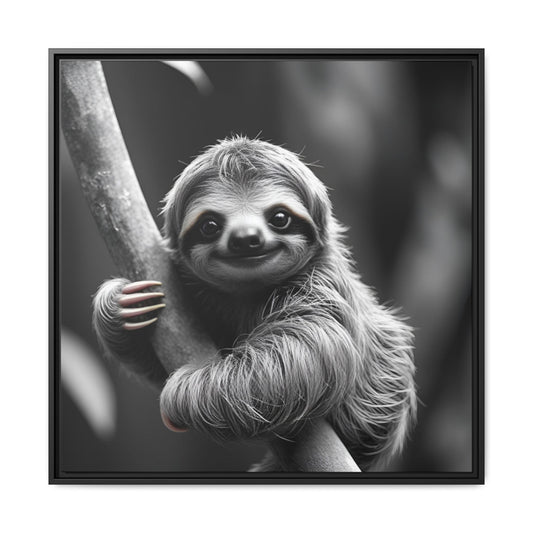 Framed black and white photo of a sloth hanging on a branch