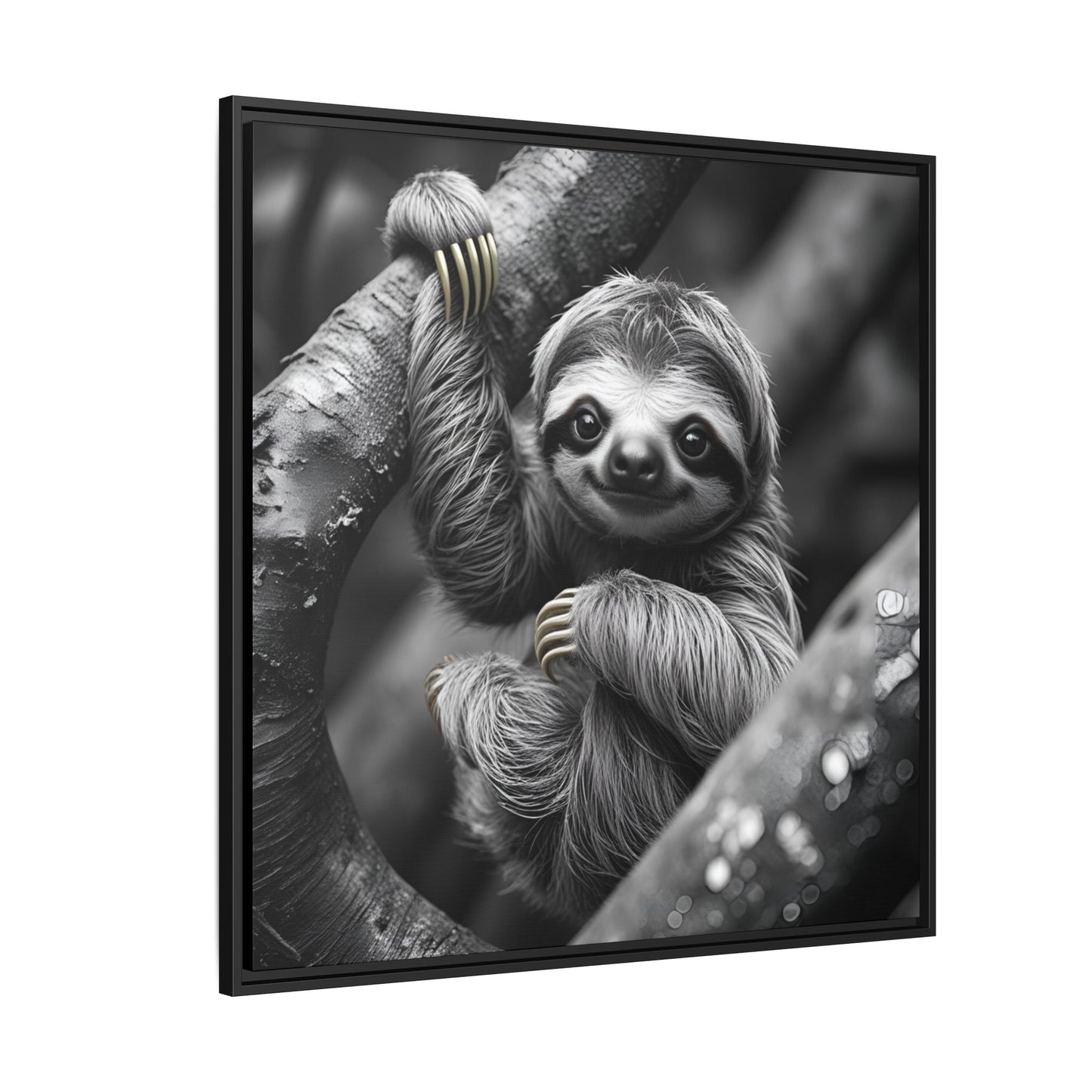 Smiling Sloth Hanging on Tree Branch Wall Art on Framed Canvas, Sloth Lover Gift, Nursery Decor, Wildlife Artwork