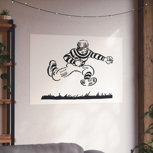 Black and white illustration of a football player on a white wall in a room with plants and string lights.