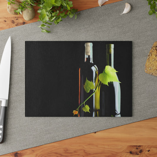 Two wine bottles with leaves on a black card on a gray surface with a knife and plants.