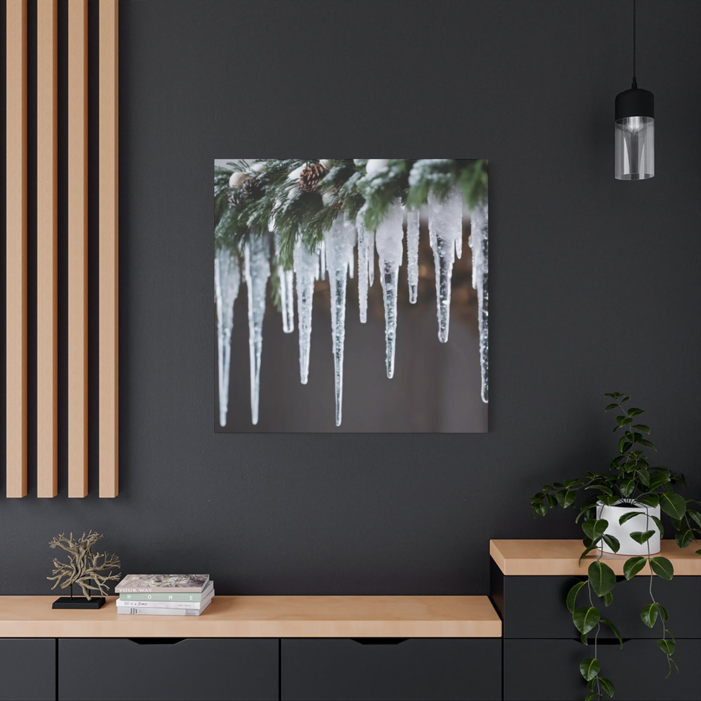 Winter Icicles Pine Branch Canvas Art: Holiday Home Decor, Stretched, 1.25"