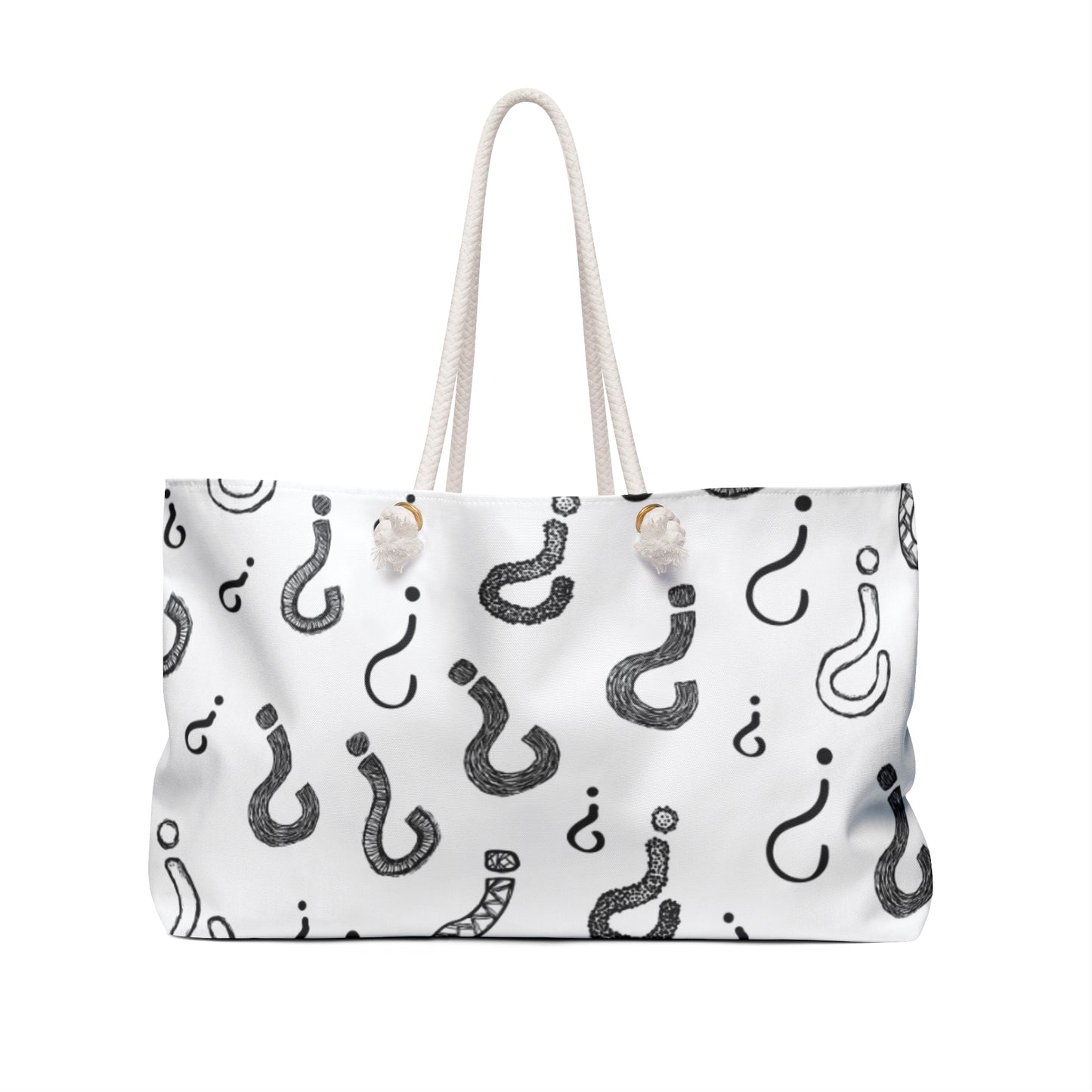 White tote bag with black pattern on a white background