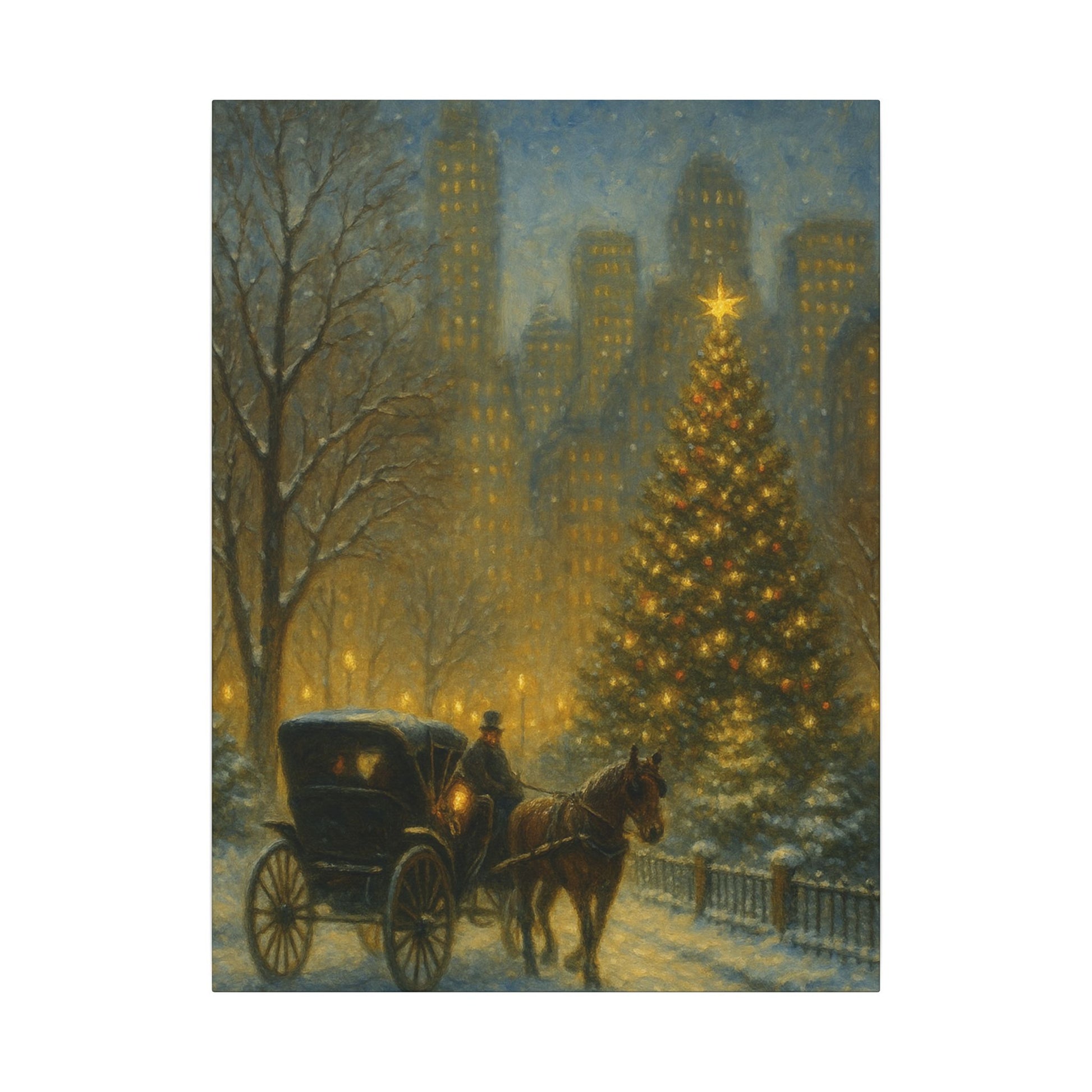 Horse-drawn carriage in a snowy city street with a large Christmas tree and tall buildings in the background.