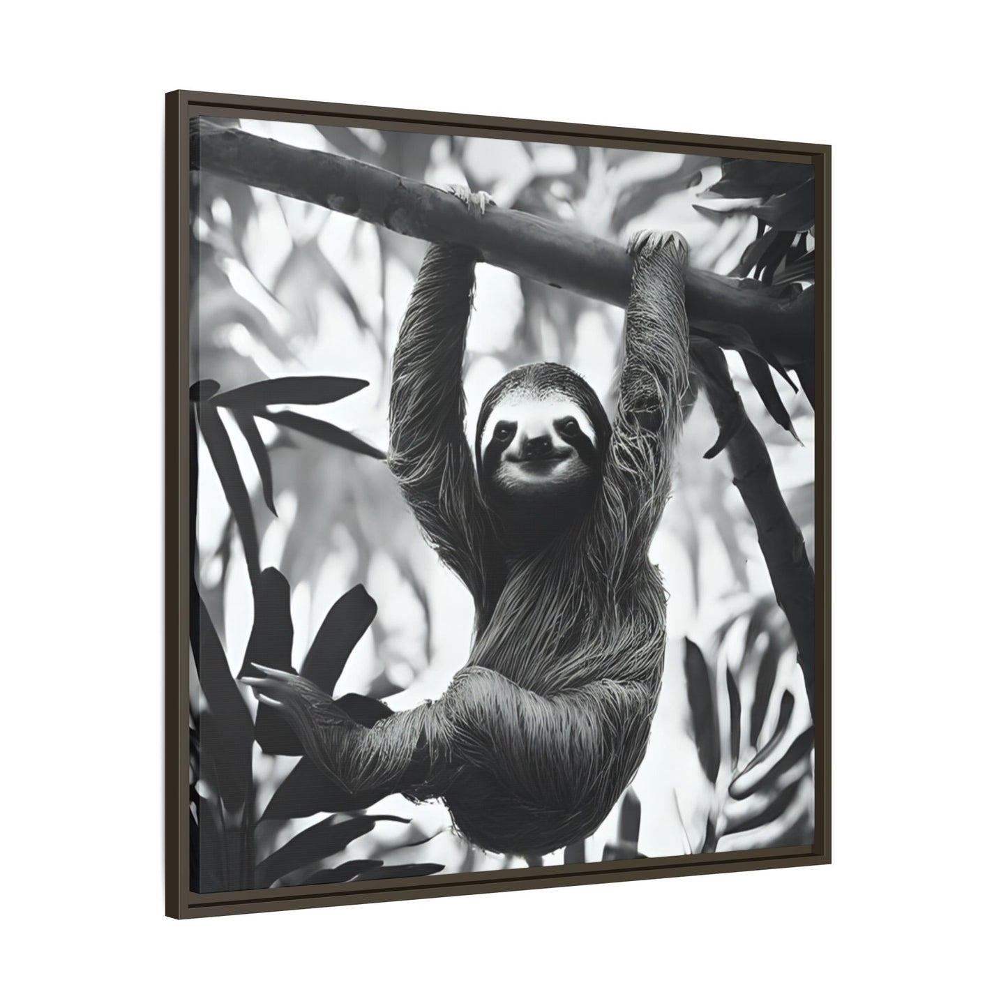 Playful Sloth Hanging from Tree Branch Black & White Animal Wall Art, Cute Sloth Photography Print, Jungle Theme Home Deco