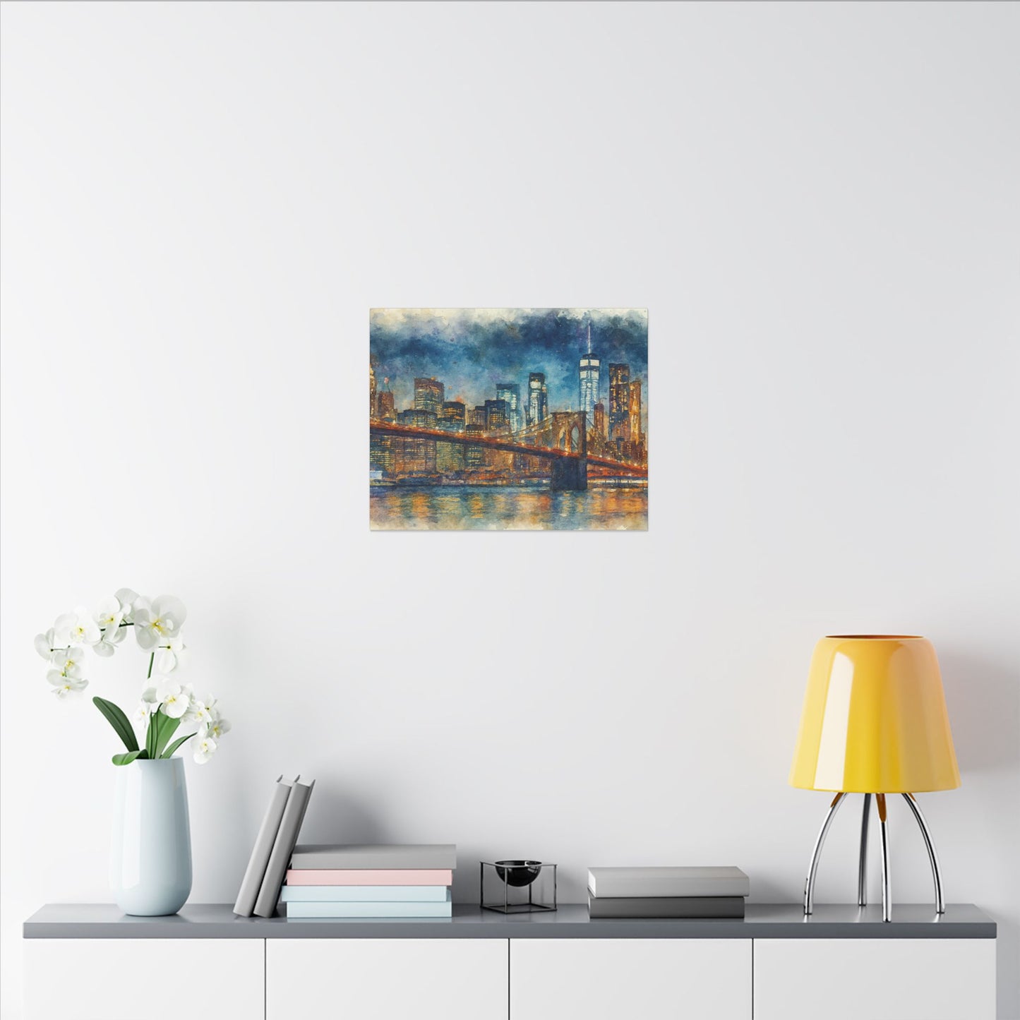 NYC Skyline Watercolor Art Print, Brooklyn Bridge Night Painting, New York City Wall Decor, Skyline Canvas Print, Urban Landscape